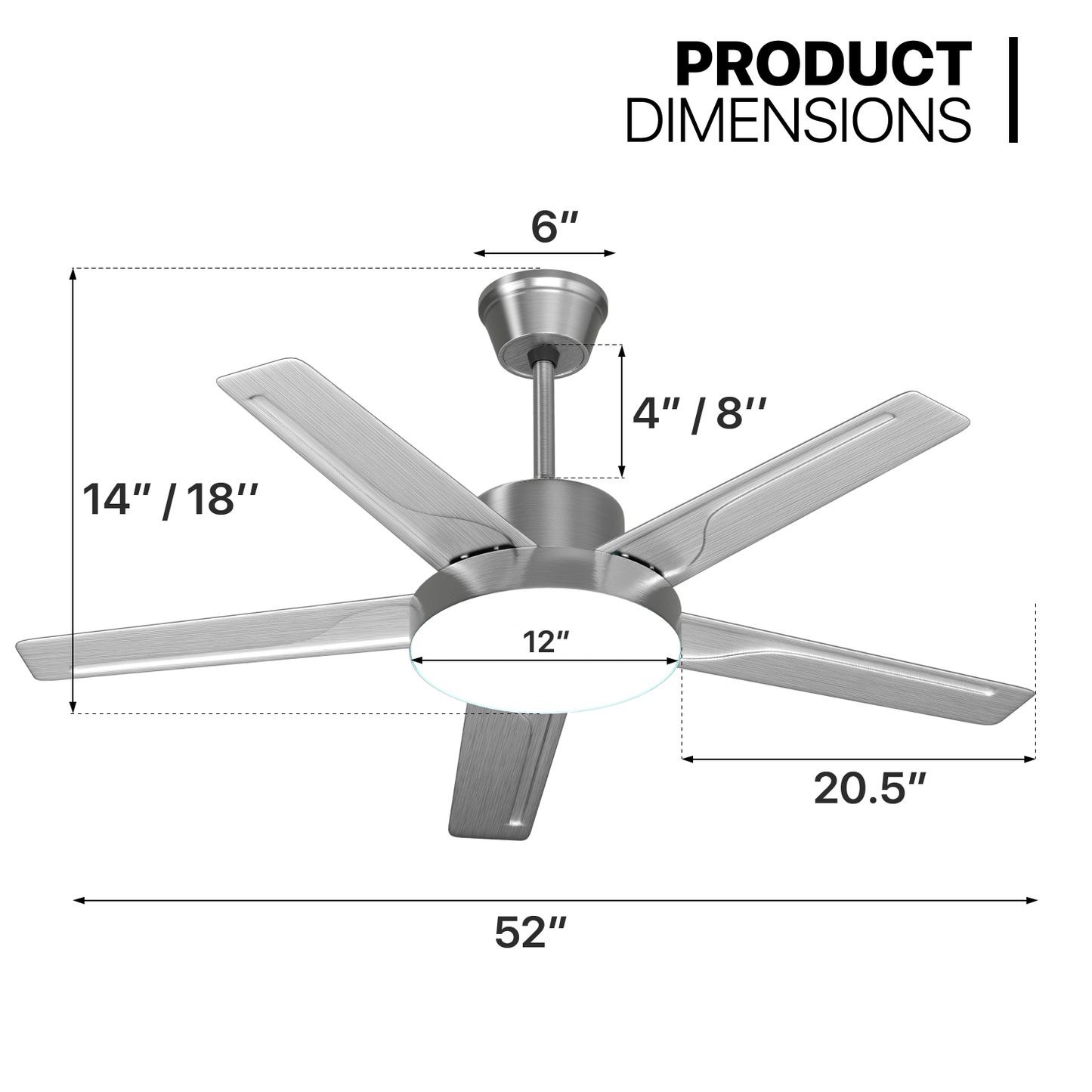 52" LED Ceiling Fan - 5 Blades - 3 Color Changing - 6 Speeds w/2 Down Rods
