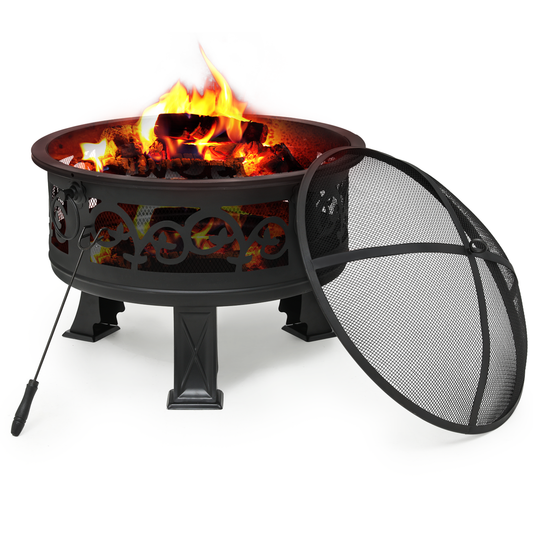 26" Floral Pattern Round Fire Pit w/Poker & Spark Screen