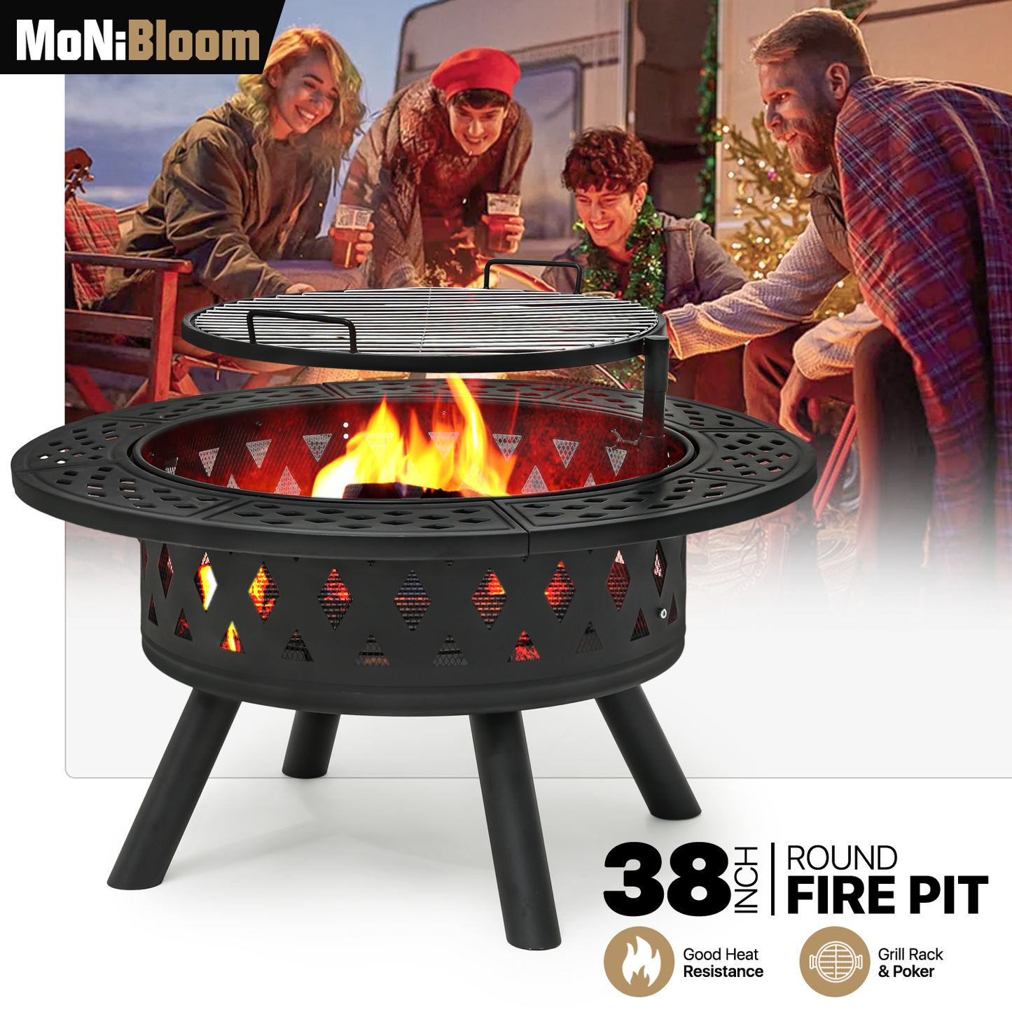 38" Round Fire Pit Table w/360° Rotatable Grill Rack