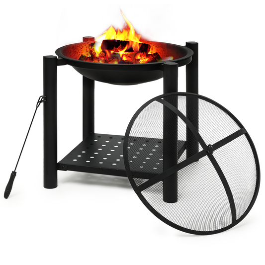 22" Round Fire Pit w/Rack - Log Grate & Spark Screen & Poker