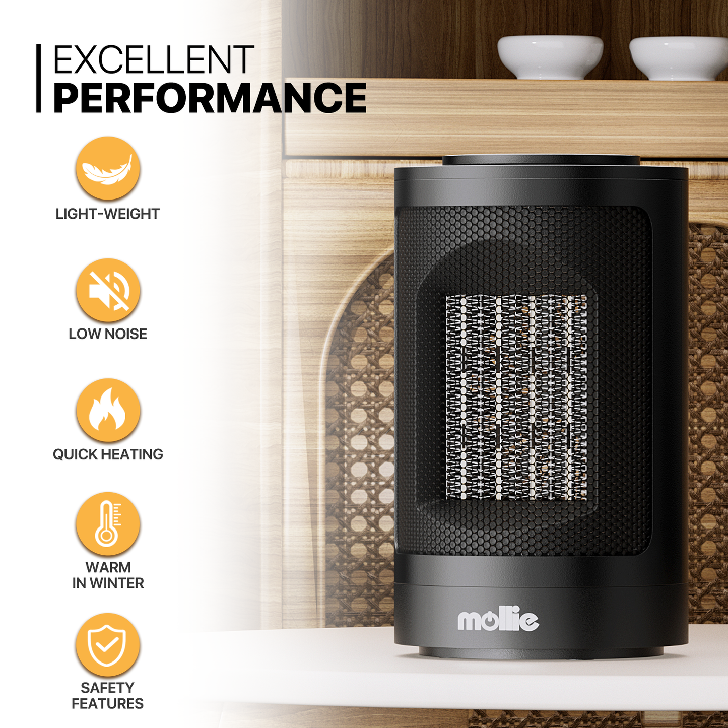 1500W Electric 3 Modes Cylindrical PTC 160 sq.ft Space Heater