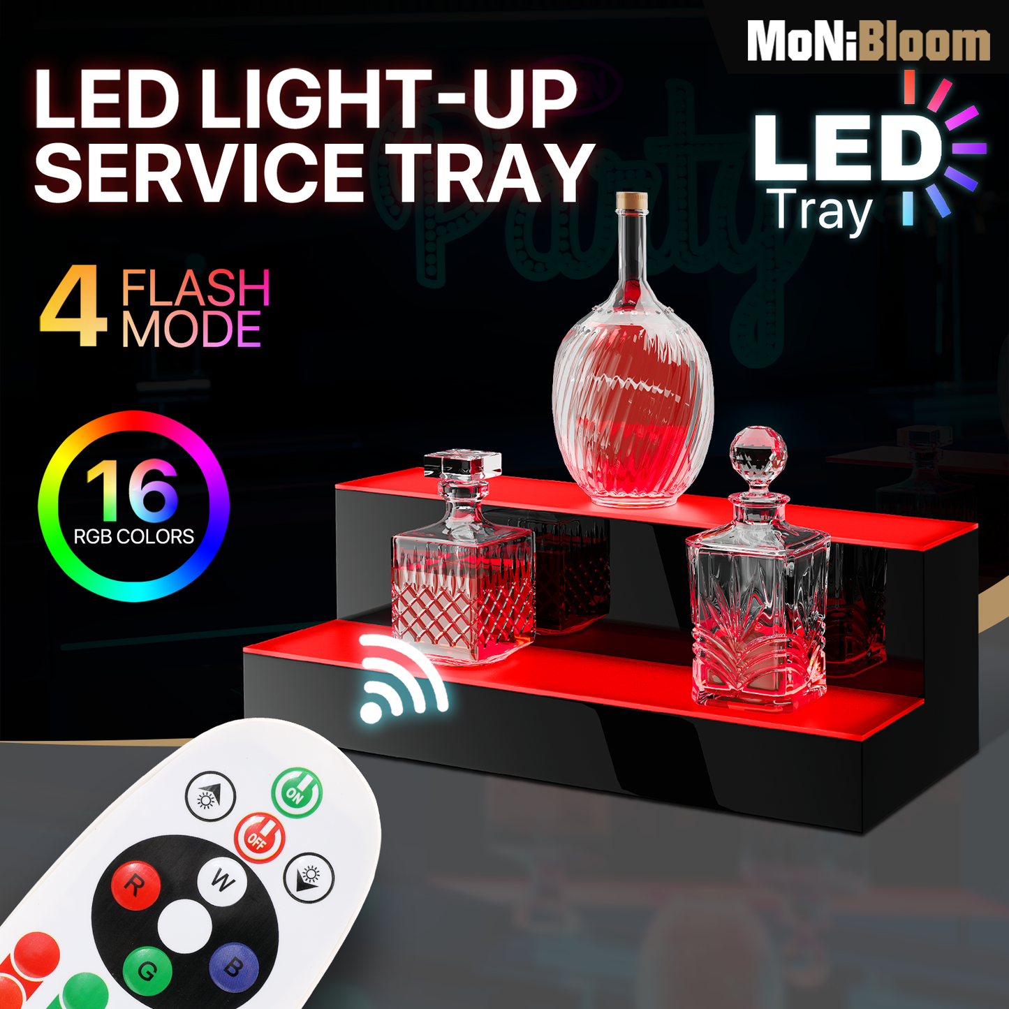16" LED Lighted 2 Tier Back Pub Bar Liquor Bottle Display Shelf w/Remote Control
