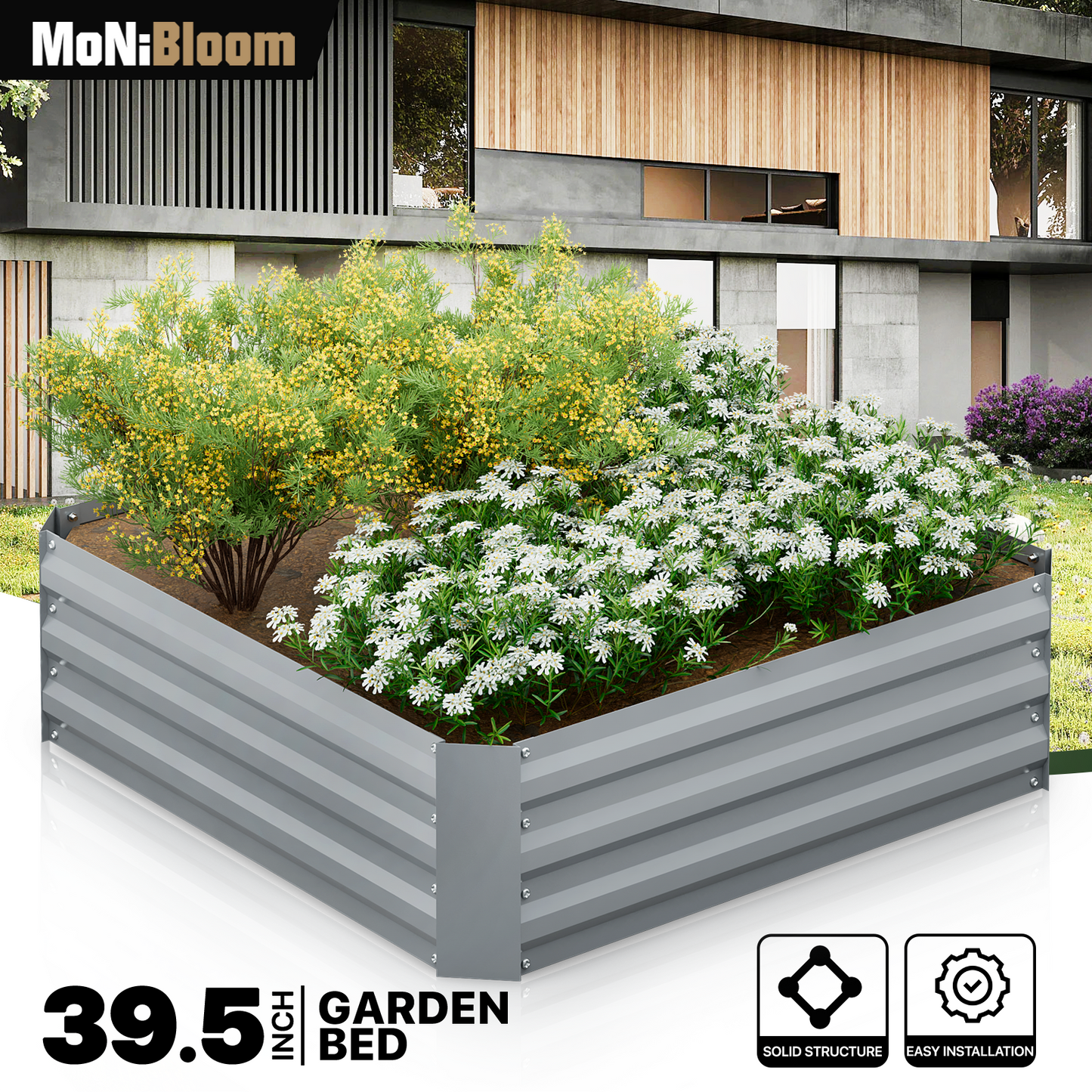 12" H Patio Metal Raised Garden Bed Kit Vegetable Flower Planter 39.5" Square Box