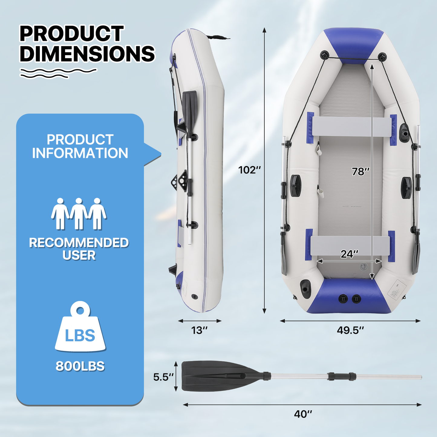 Inflatable Boat - 102''*50'' - PVC Material - 3 Air Chambers, Max Load Capacity 705 lb, Applicable Motor 2.5HP