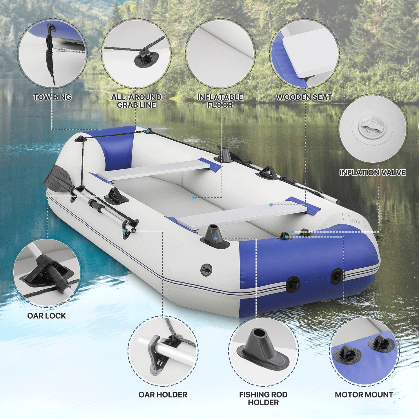 Inflatable Boat - 102''*50'' - PVC Material - 3 Air Chambers, Max Load Capacity 705 lb, Applicable Motor 2.5HP