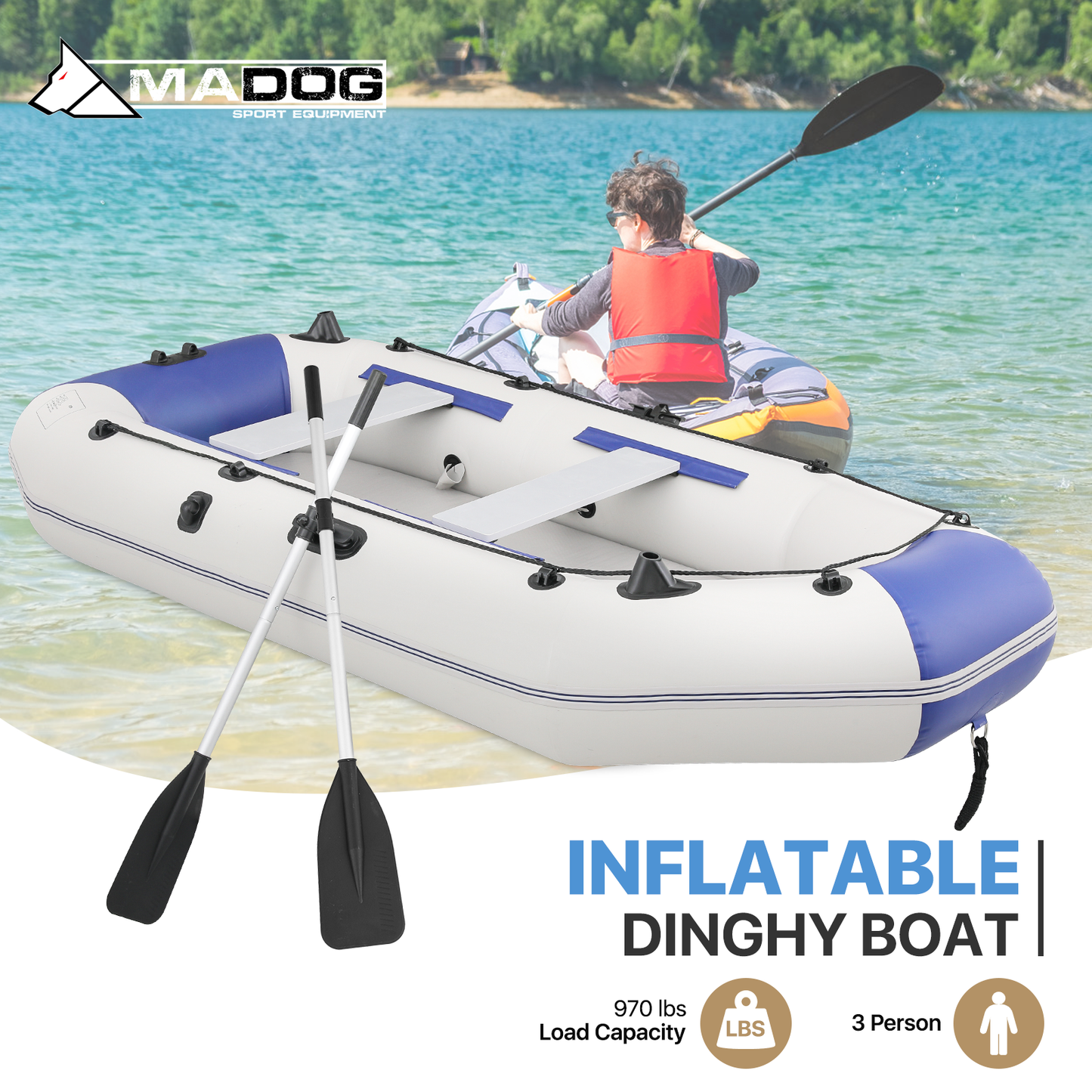 Inflatable Boat - 106''*54'' - PVC Material - 3 Air Chambers, Max Load Capacity 915 lb, Applicable Motor 4HP