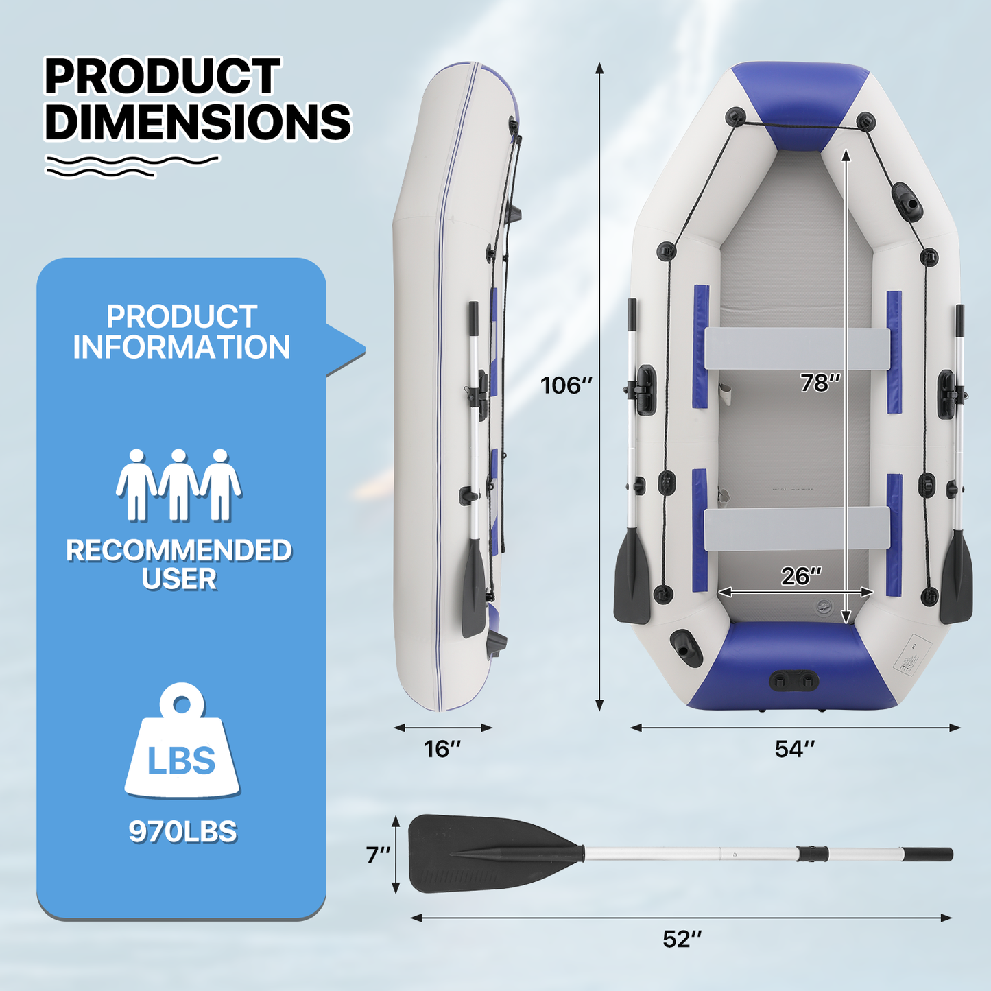 Inflatable Boat - 106''*54'' - PVC Material - 3 Air Chambers, Max Load Capacity 915 lb, Applicable Motor 4HP