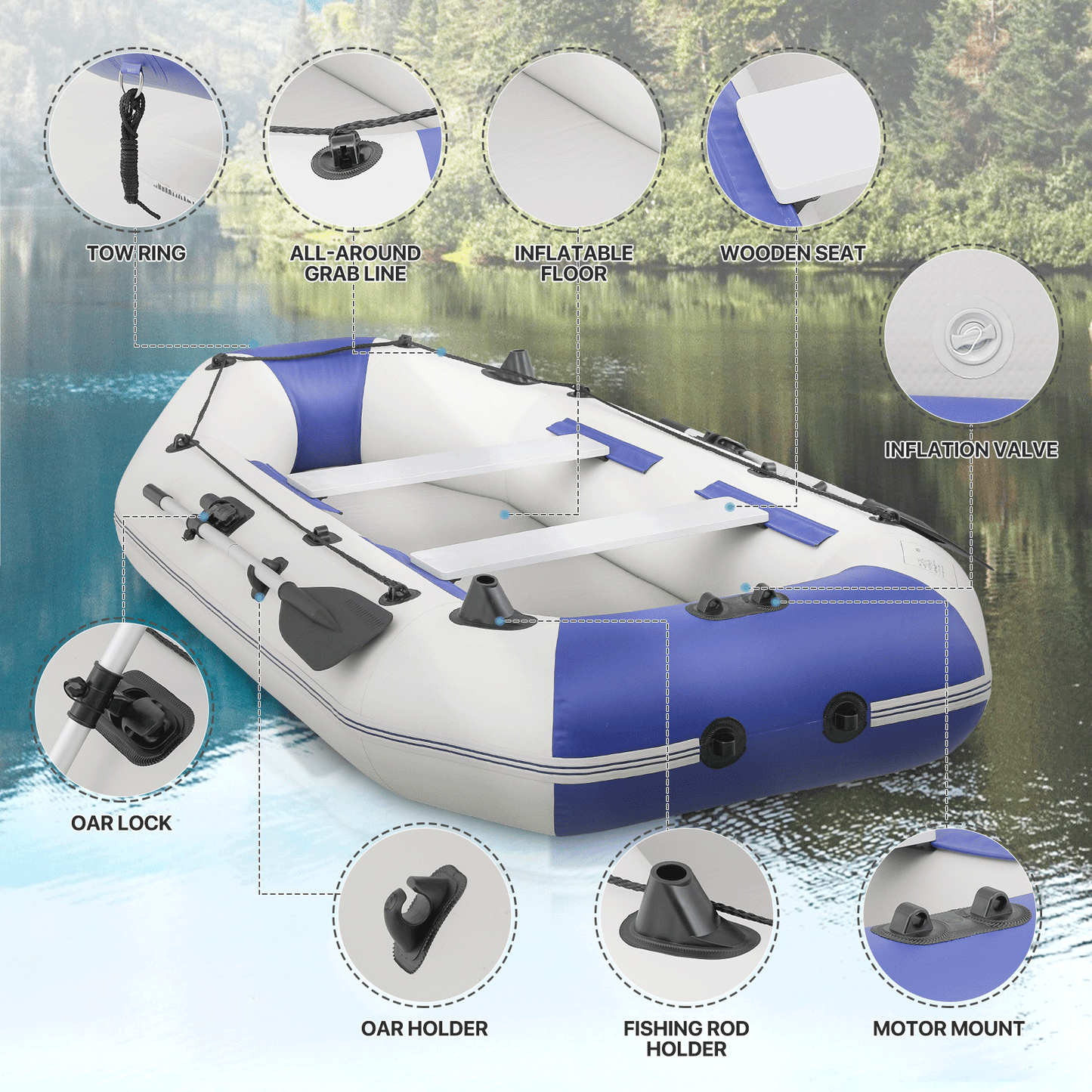 Inflatable Boat - 106''*54'' - PVC Material - 3 Air Chambers, Max Load Capacity 915 lb, Applicable Motor 4HP