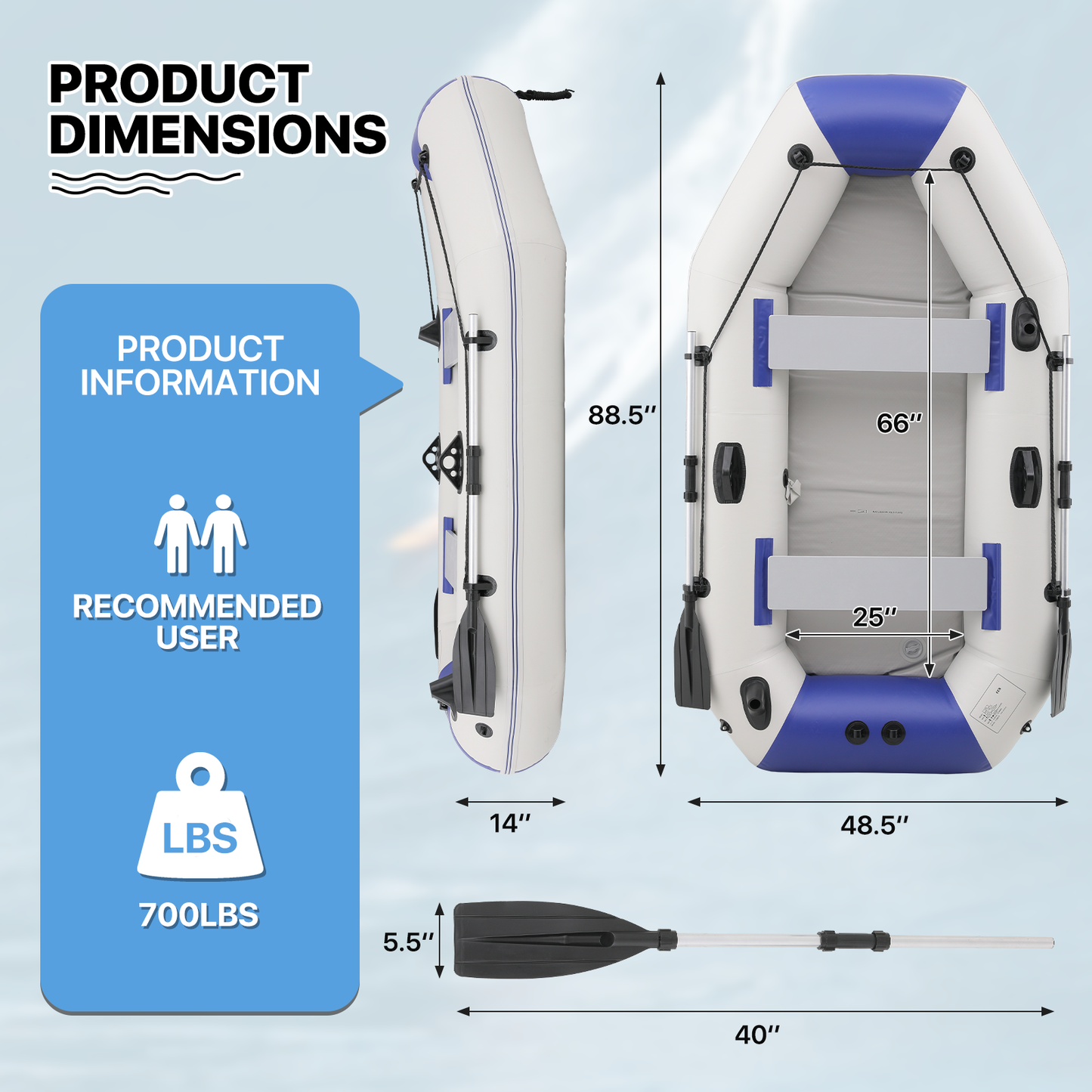 Inflatable Boat - 90''*50'' - PVC Material - 3 Air Chambers, Max Load Capacity 530 lb, Applicable Motor 2.5HP