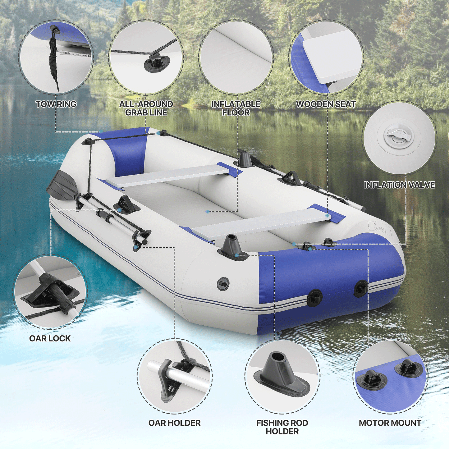 Inflatable Boat - 90''*50'' - PVC Material - 3 Air Chambers, Max Load Capacity 530 lb, Applicable Motor 2.5HP