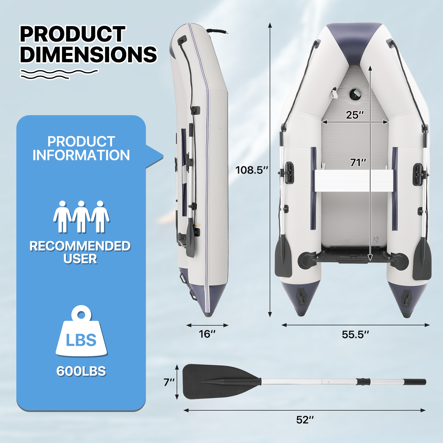 Inflatable Boat - 106''*54'' - PVC Material - 5 Air Chambers,Max Load Capacity 750 lb,Applicable Motor 10HP