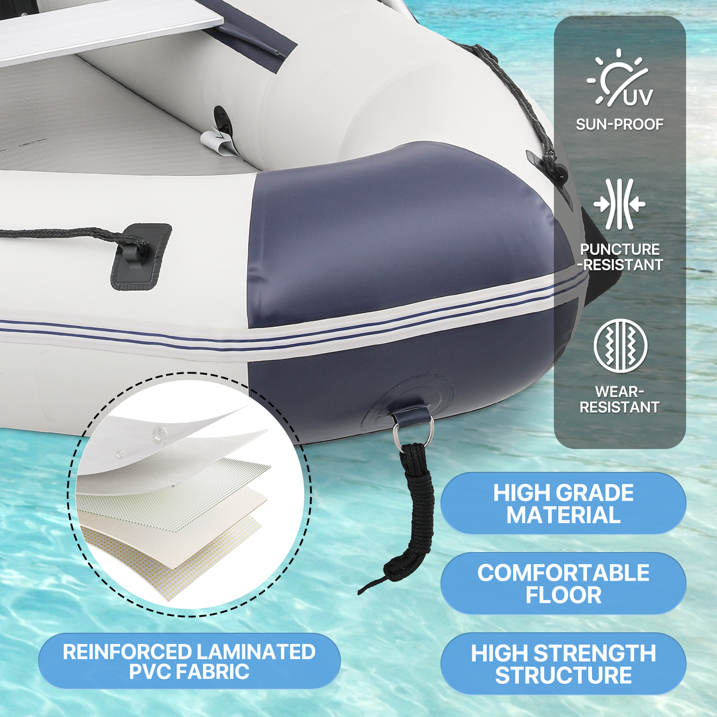 Inflatable Boat - 106''*54'' - PVC Material - 5 Air Chambers,Max Load Capacity 750 lb,Applicable Motor 10HP