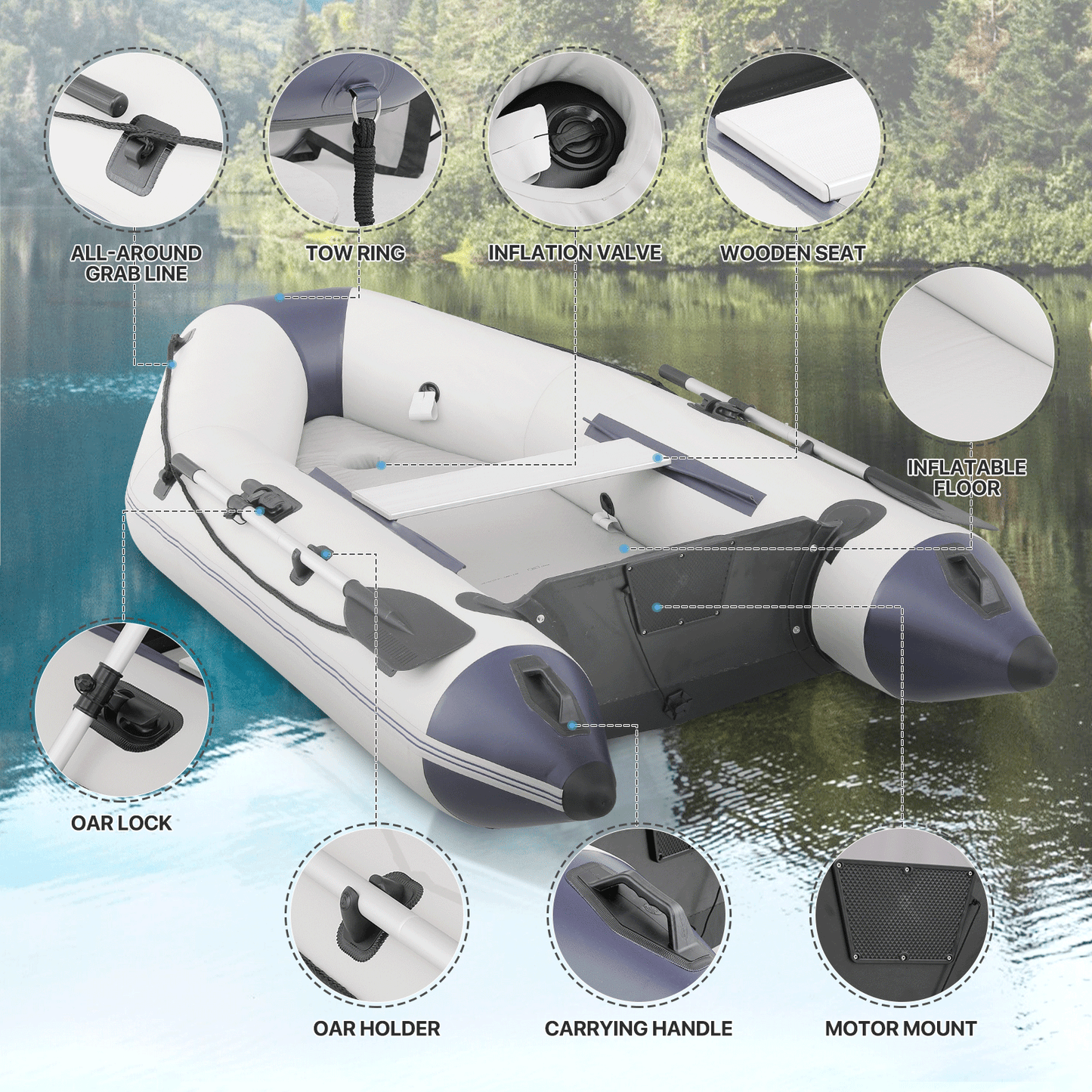 Inflatable Boat - 106''*54'' - PVC Material - 5 Air Chambers,Max Load Capacity 750 lb,Applicable Motor 10HP