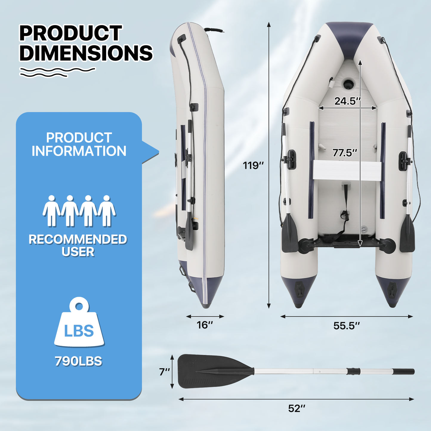 Inflatable Boat - 118''*54'' - PVC Material - 5 Air Chambers,Max Load Capacity 915 lb,Applicable Motor 15HP