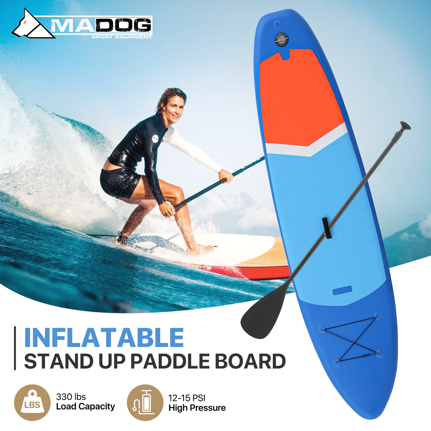 10.5ft Stand Up Paddle Board -  PVC Material -Displacement 330L, Max Load Capacity 333 lb, Max Air Pressure 15PSI