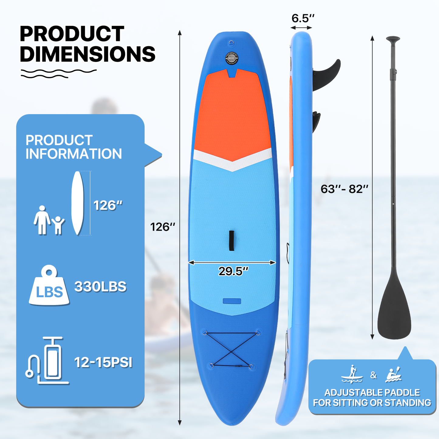 10.5ft Stand Up Paddle Board -  PVC Material -Displacement 330L, Max Load Capacity 333 lb, Max Air Pressure 15PSI