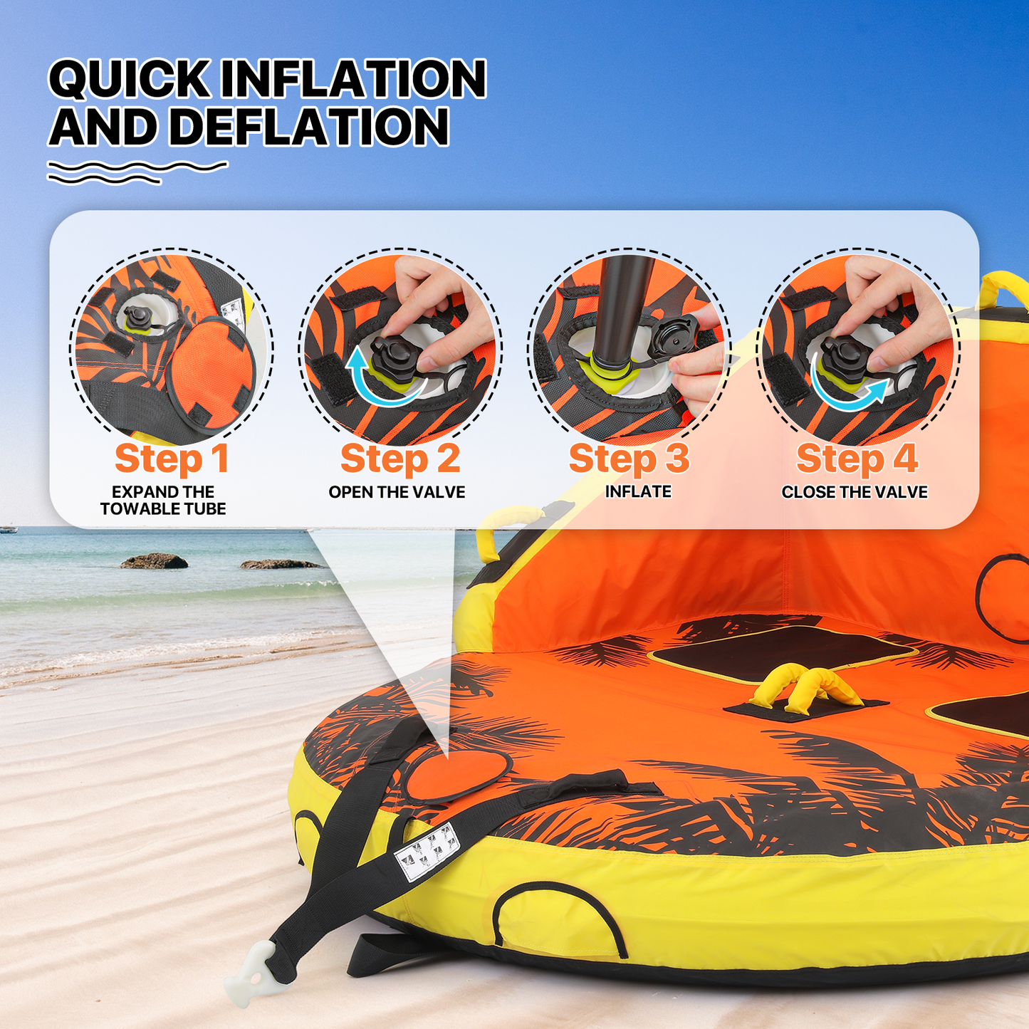 Water Sport Towable- PVC+ Nylon - w/ Quick Inflating Valve,Nylon Outer Soft Handle x 4,Drag Buckle