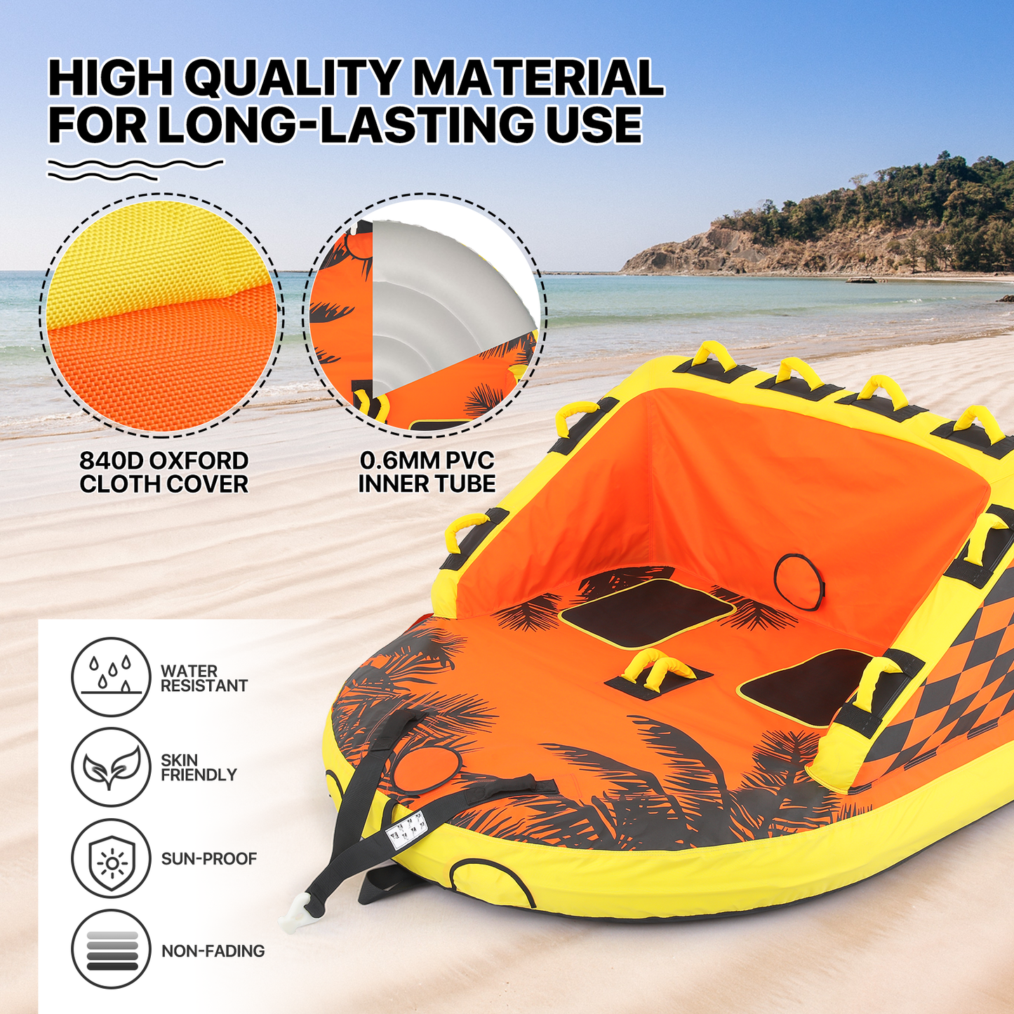 Water Sport Towable- PVC+ Nylon - w/ Quick Inflating Valve,Nylon Outer Soft Handle x 4,Drag Buckle