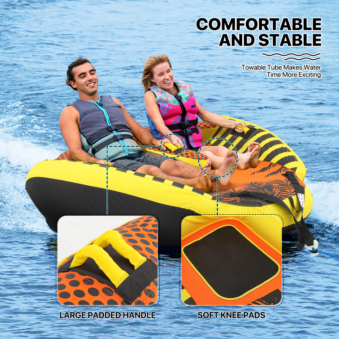 Water Sport Towable - PVC+ Nylon - w/ Quick Inflating Valve,Nylon Outer Soft Handle x 4,Drag Buckle - Orange/Black