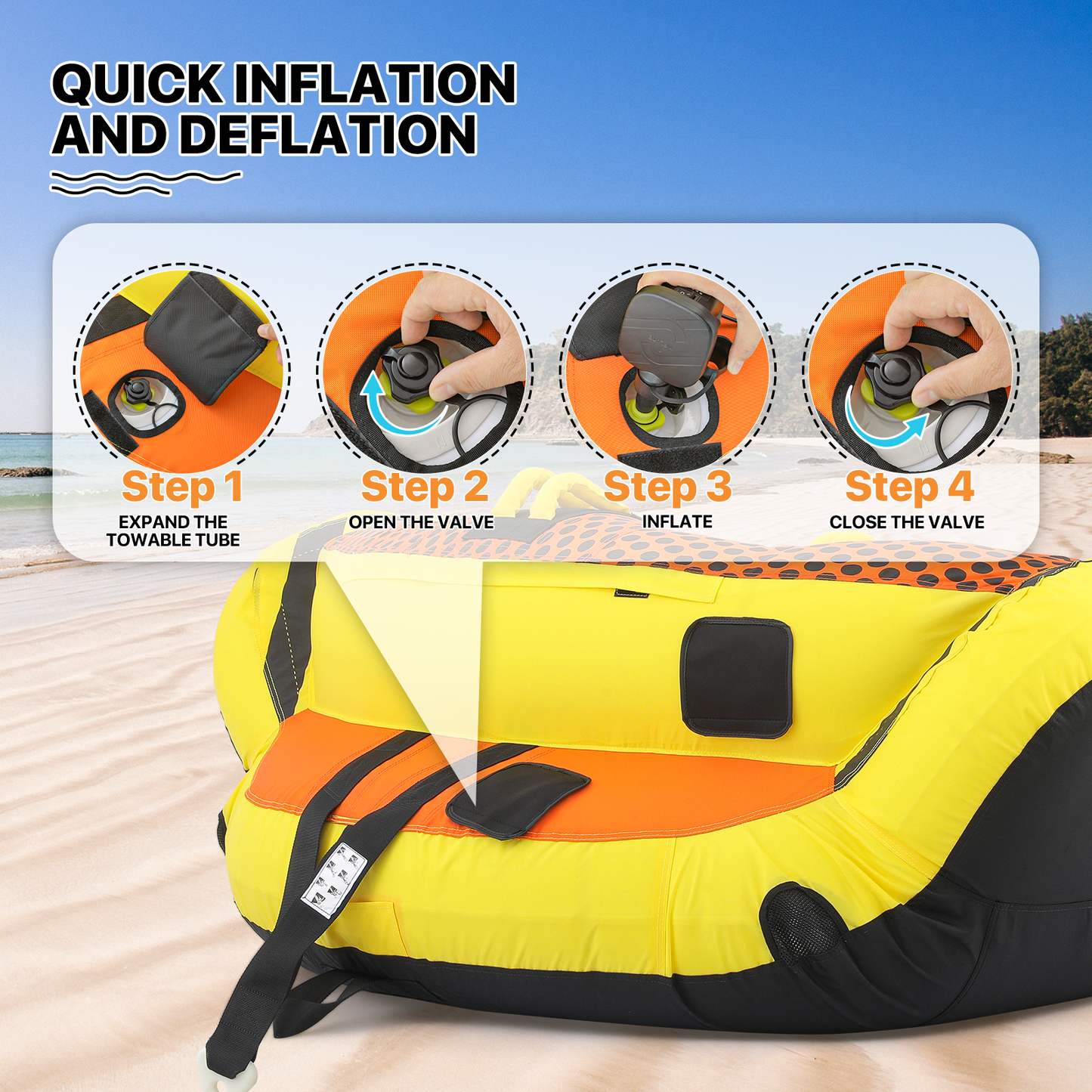 Water Sport Towable - PVC+ Nylon - w/ Quick Inflating Valve,Nylon Outer Soft Handle x 4,Drag Buckle - Orange/Black