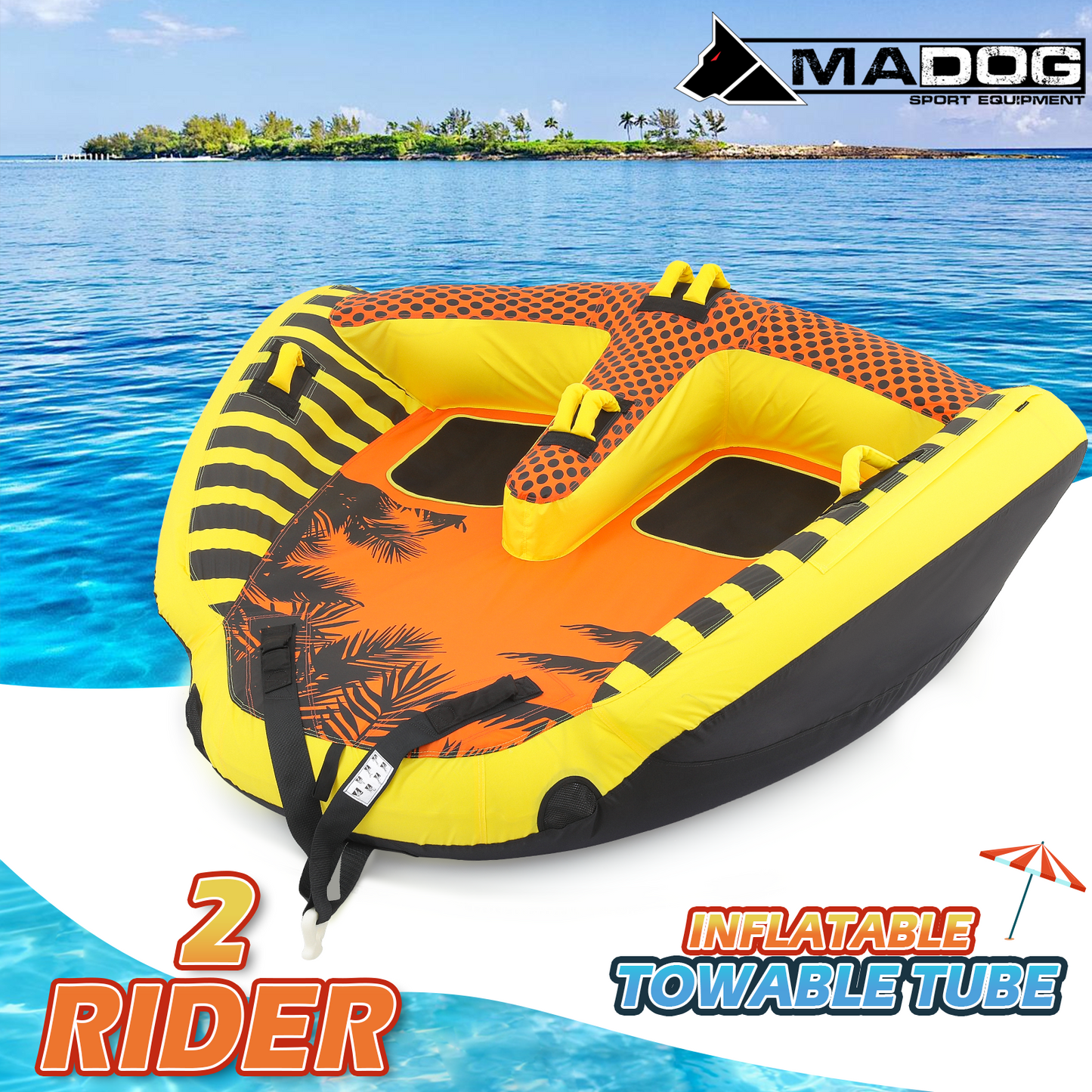 Water Sport Towable - PVC+ Nylon - w/ Quick Inflating Valve,Nylon Outer Soft Handle x 4,Drag Buckle - Orange/Black