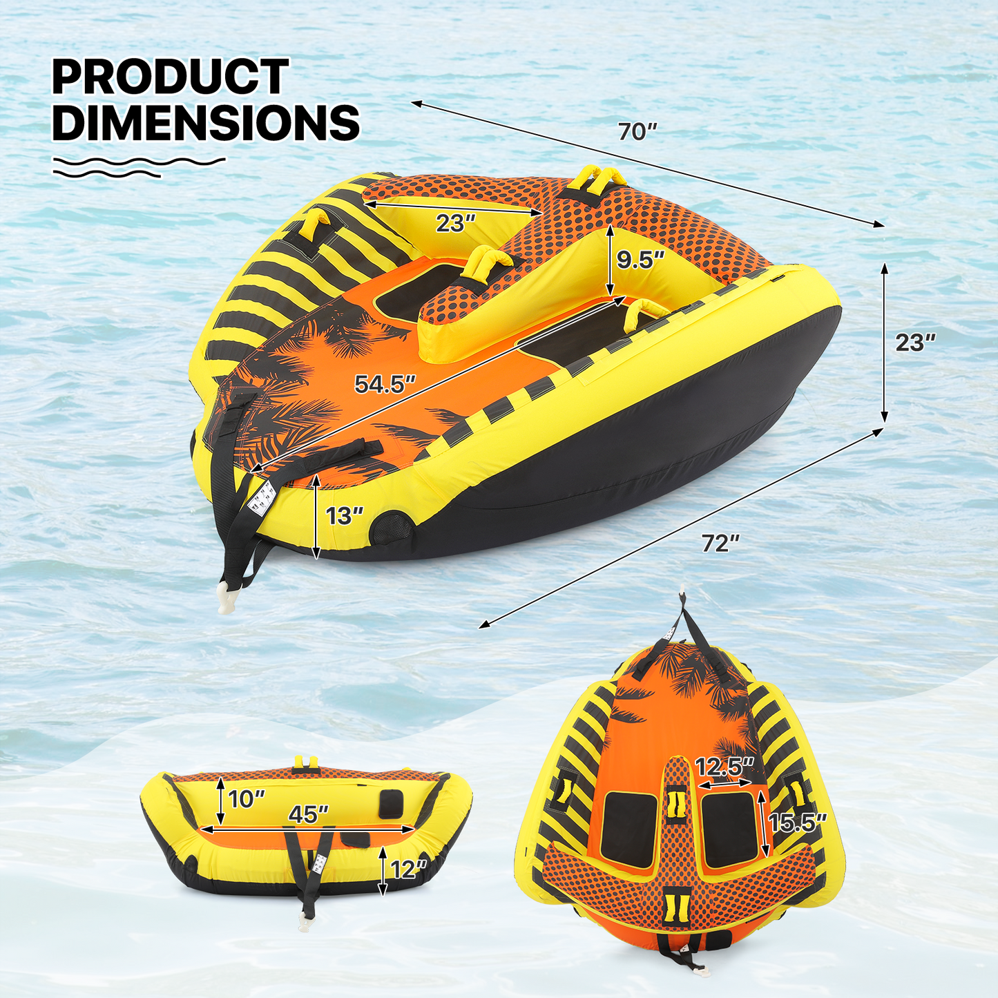 Water Sport Towable - PVC+ Nylon - w/ Quick Inflating Valve,Nylon Outer Soft Handle x 4,Drag Buckle - Orange/Black