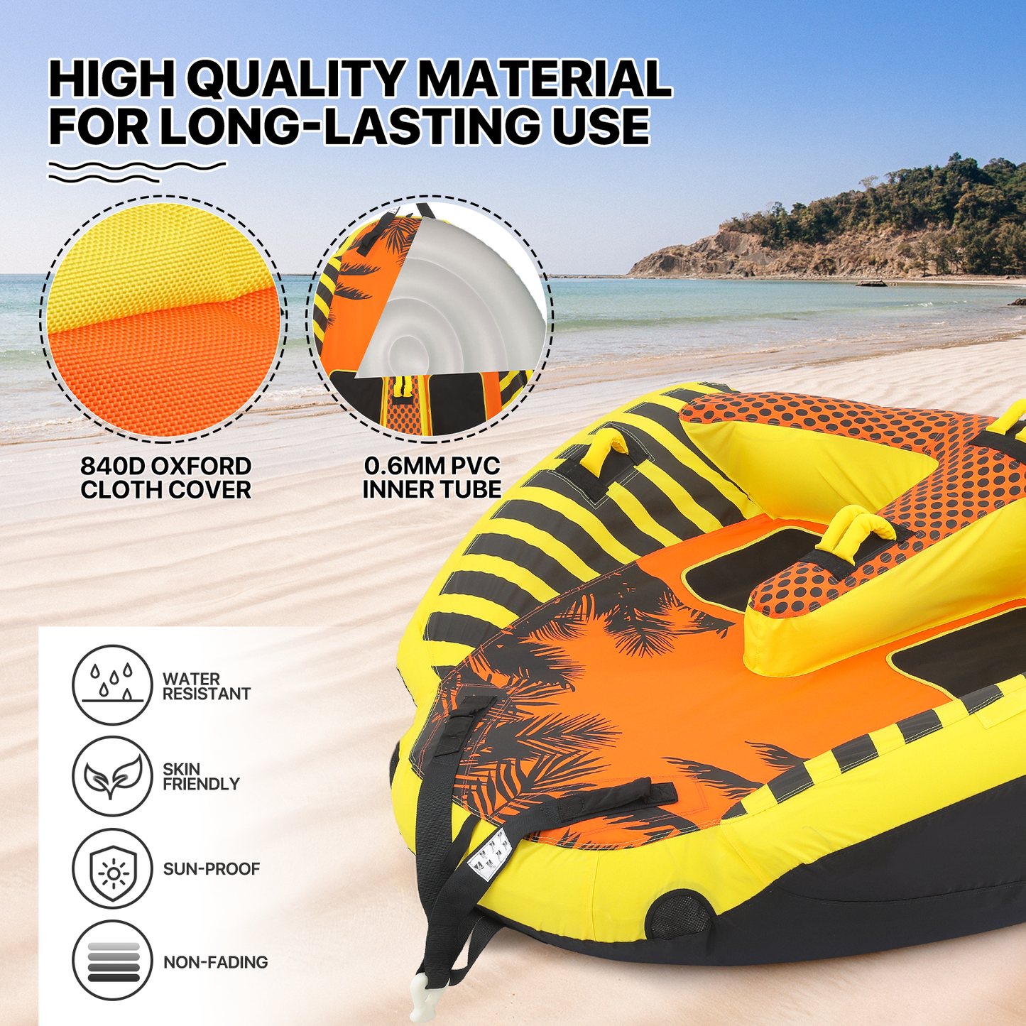 Water Sport Towable - PVC+ Nylon - w/ Quick Inflating Valve,Nylon Outer Soft Handle x 4,Drag Buckle - Orange/Black