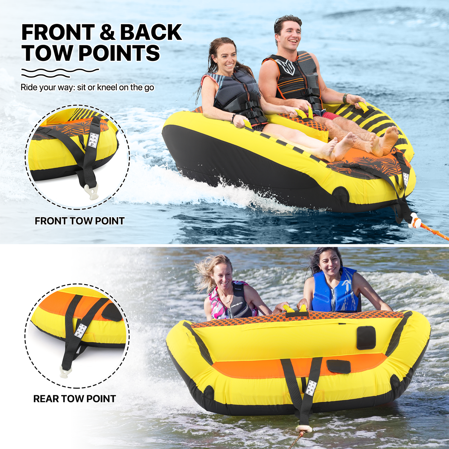 Water Sport Towable - PVC+ Nylon - w/ Quick Inflating Valve,Nylon Outer Soft Handle x 4,Drag Buckle - Orange/Black