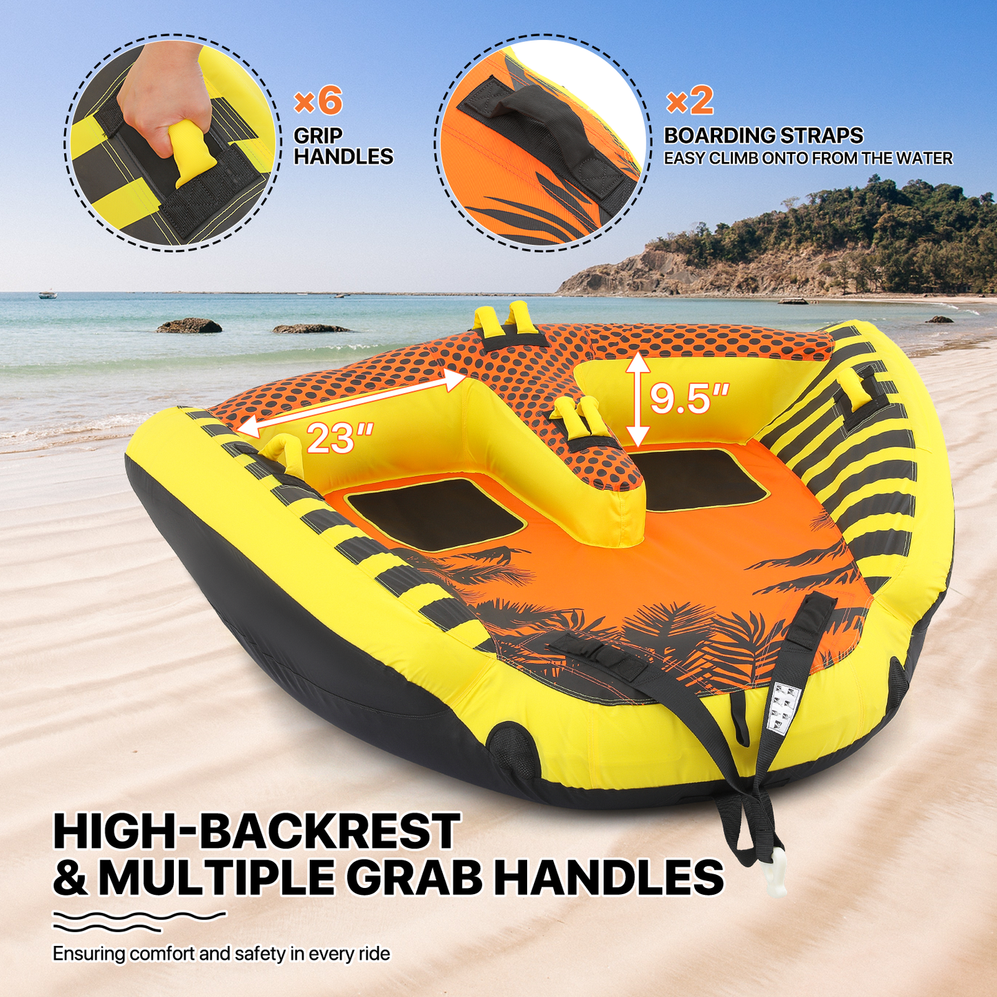 Water Sport Towable - PVC+ Nylon - w/ Quick Inflating Valve,Nylon Outer Soft Handle x 4,Drag Buckle - Orange/Black