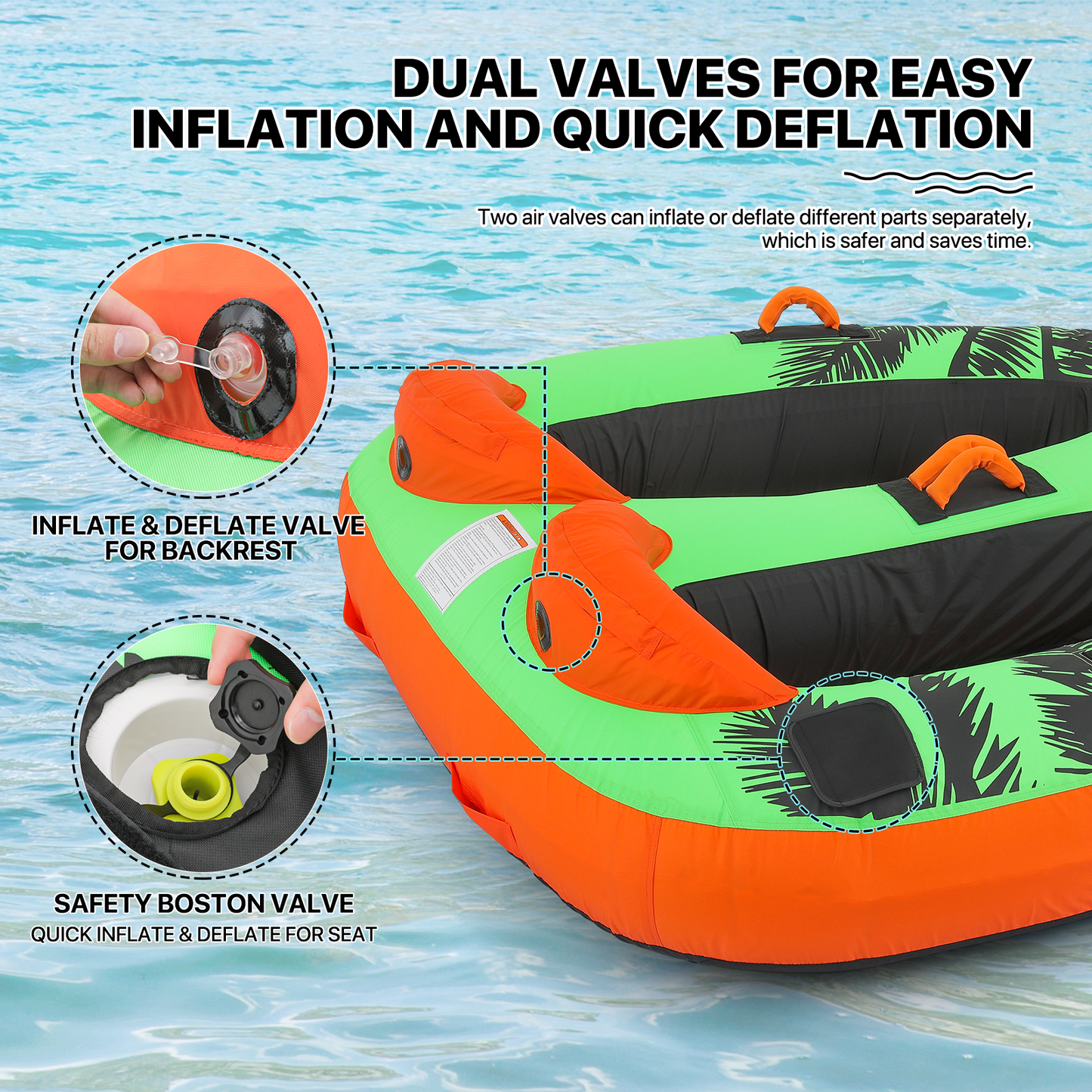 Water Sport Towable - PVC+ Nylon - w/ Quick Inflating Valve,Nylon Outer Soft Handle x 4,Drag Buckle - Green/Orange/Black