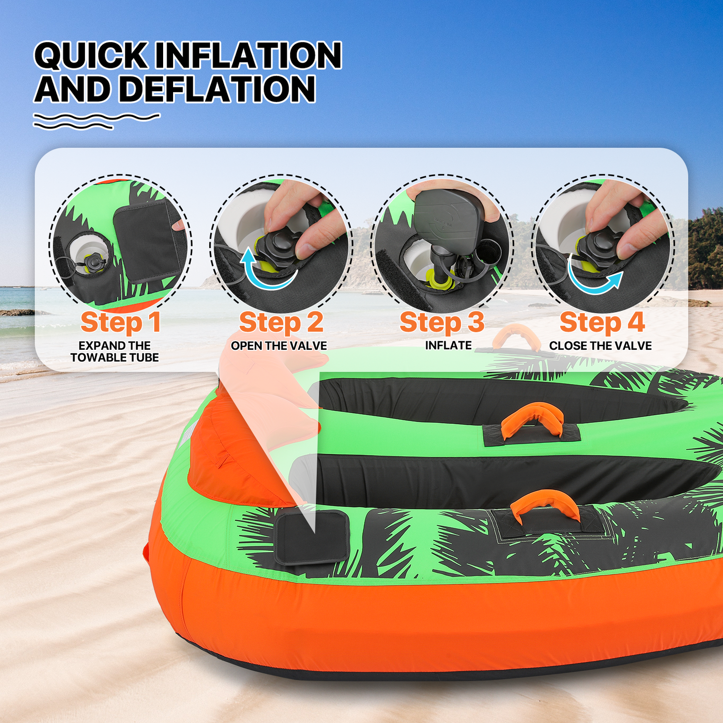 Water Sport Towable - PVC+ Nylon - w/ Quick Inflating Valve,Nylon Outer Soft Handle x 4,Drag Buckle - Green/Orange/Black