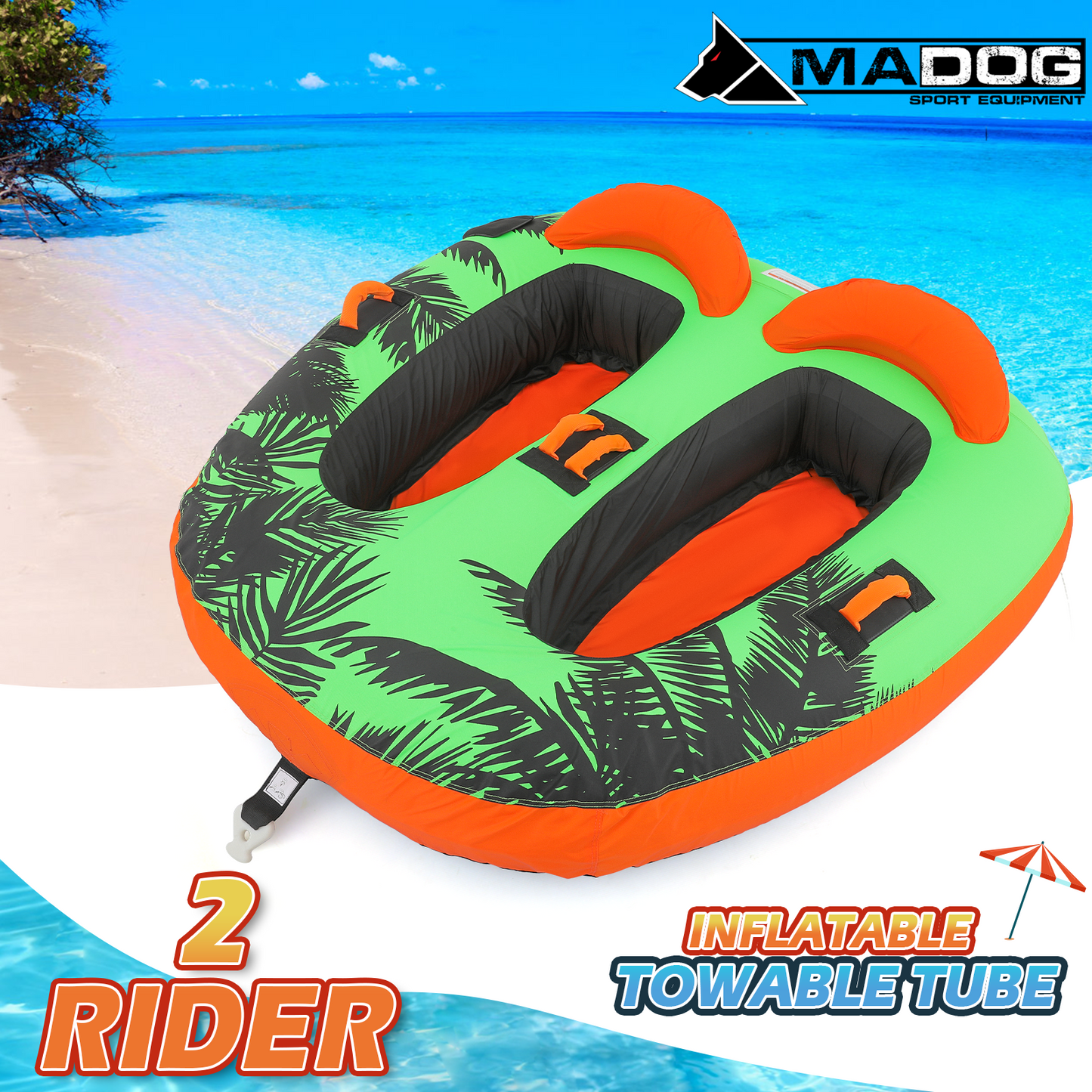 Water Sport Towable - PVC+ Nylon - w/ Quick Inflating Valve,Nylon Outer Soft Handle x 4,Drag Buckle - Green/Orange/Black