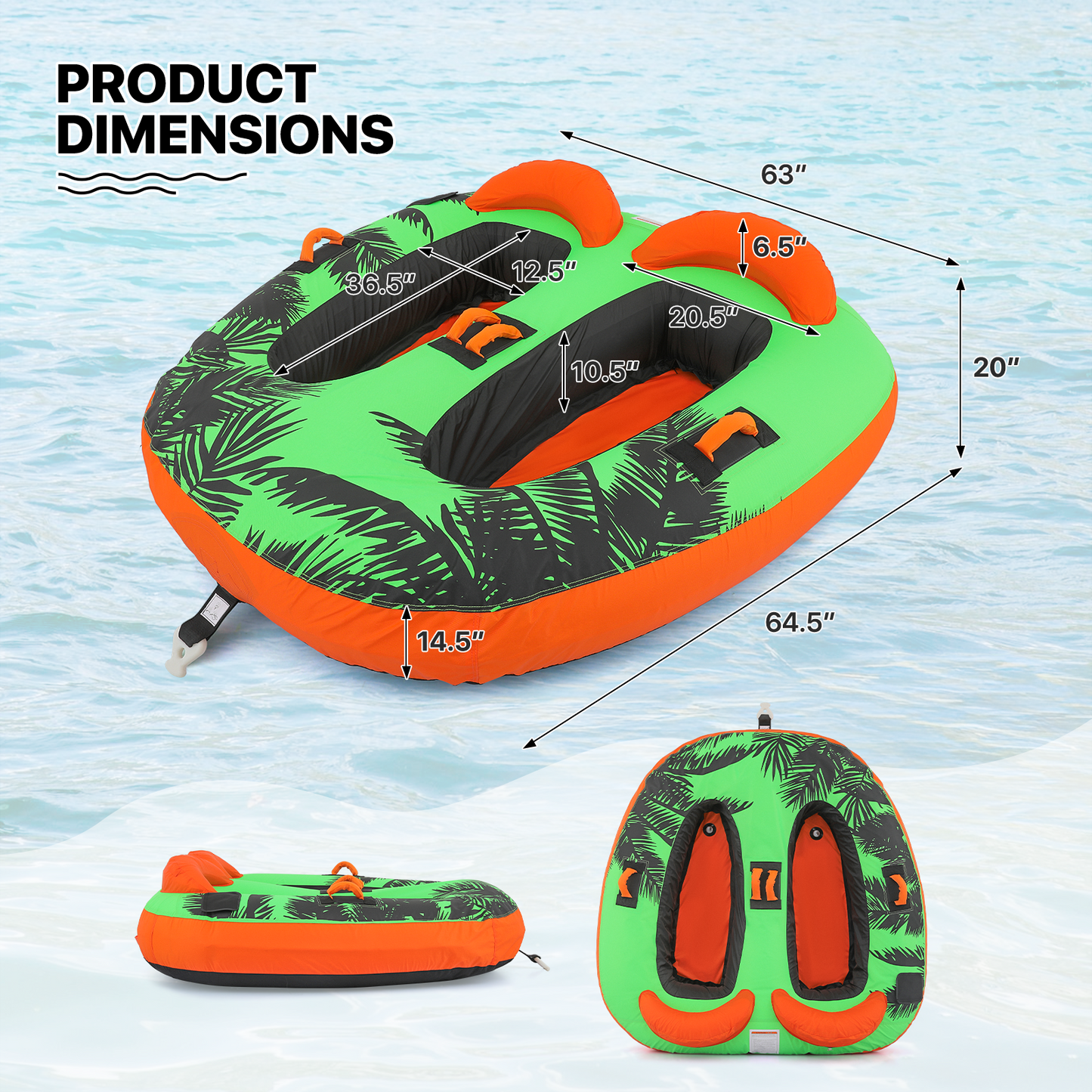 Water Sport Towable - PVC+ Nylon - w/ Quick Inflating Valve,Nylon Outer Soft Handle x 4,Drag Buckle - Green/Orange/Black