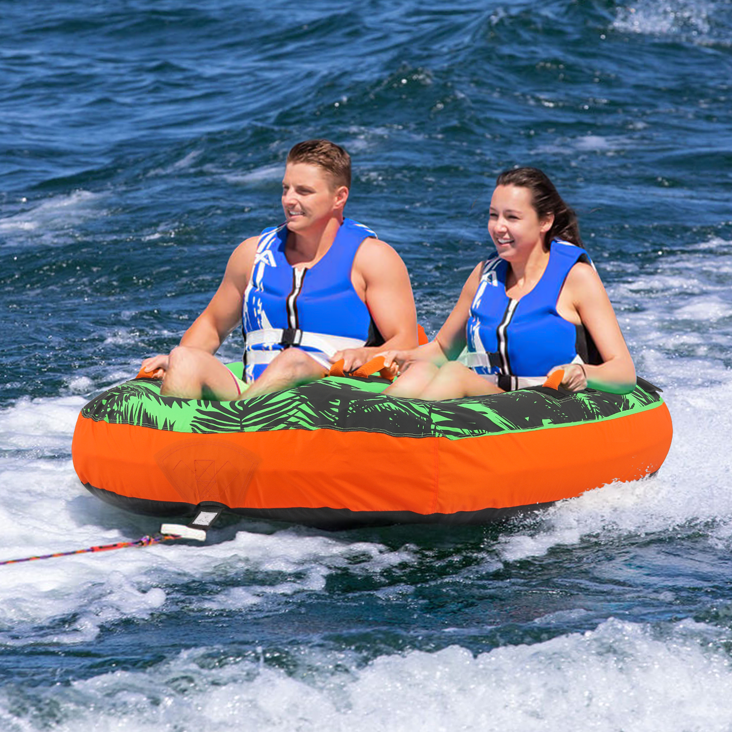 Water Sport Towable - PVC+ Nylon - w/ Quick Inflating Valve,Nylon Outer Soft Handle x 4,Drag Buckle - Green/Orange/Black