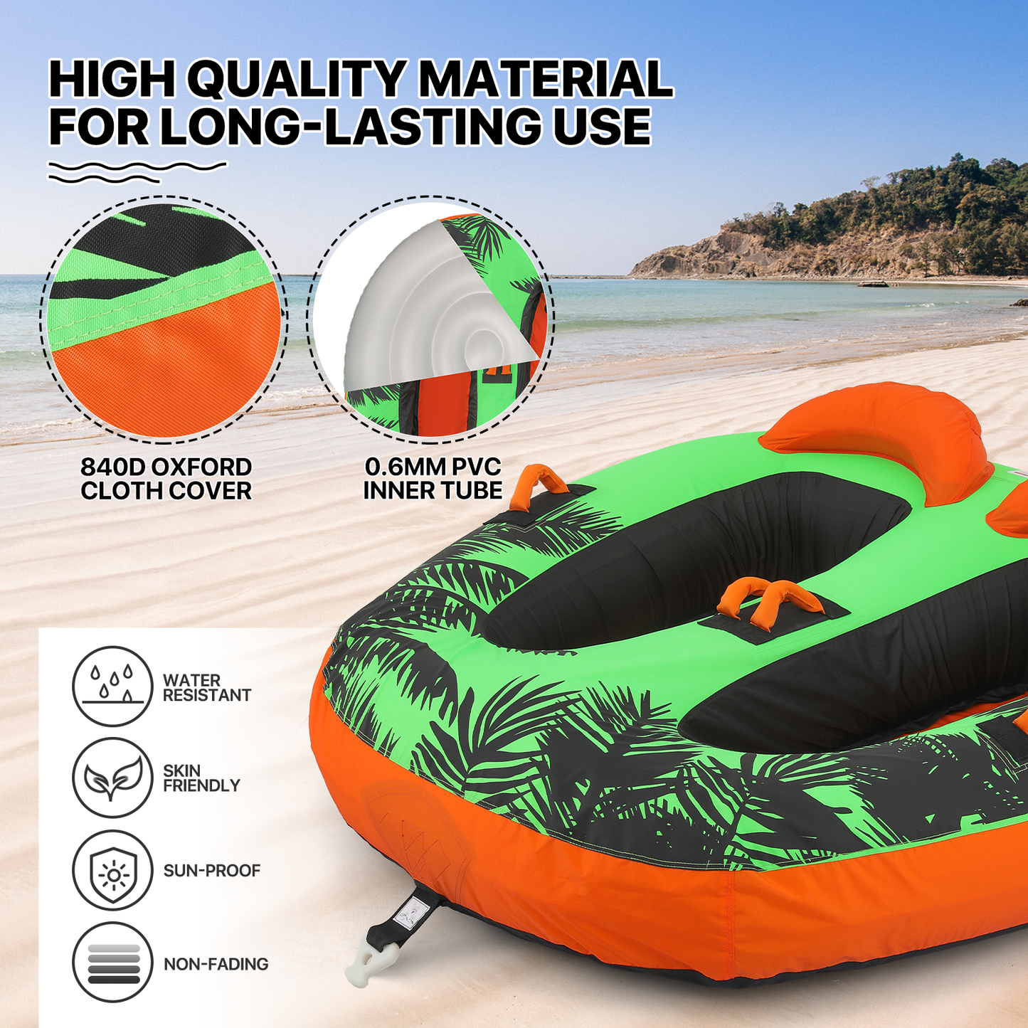 Water Sport Towable - PVC+ Nylon - w/ Quick Inflating Valve,Nylon Outer Soft Handle x 4,Drag Buckle - Green/Orange/Black