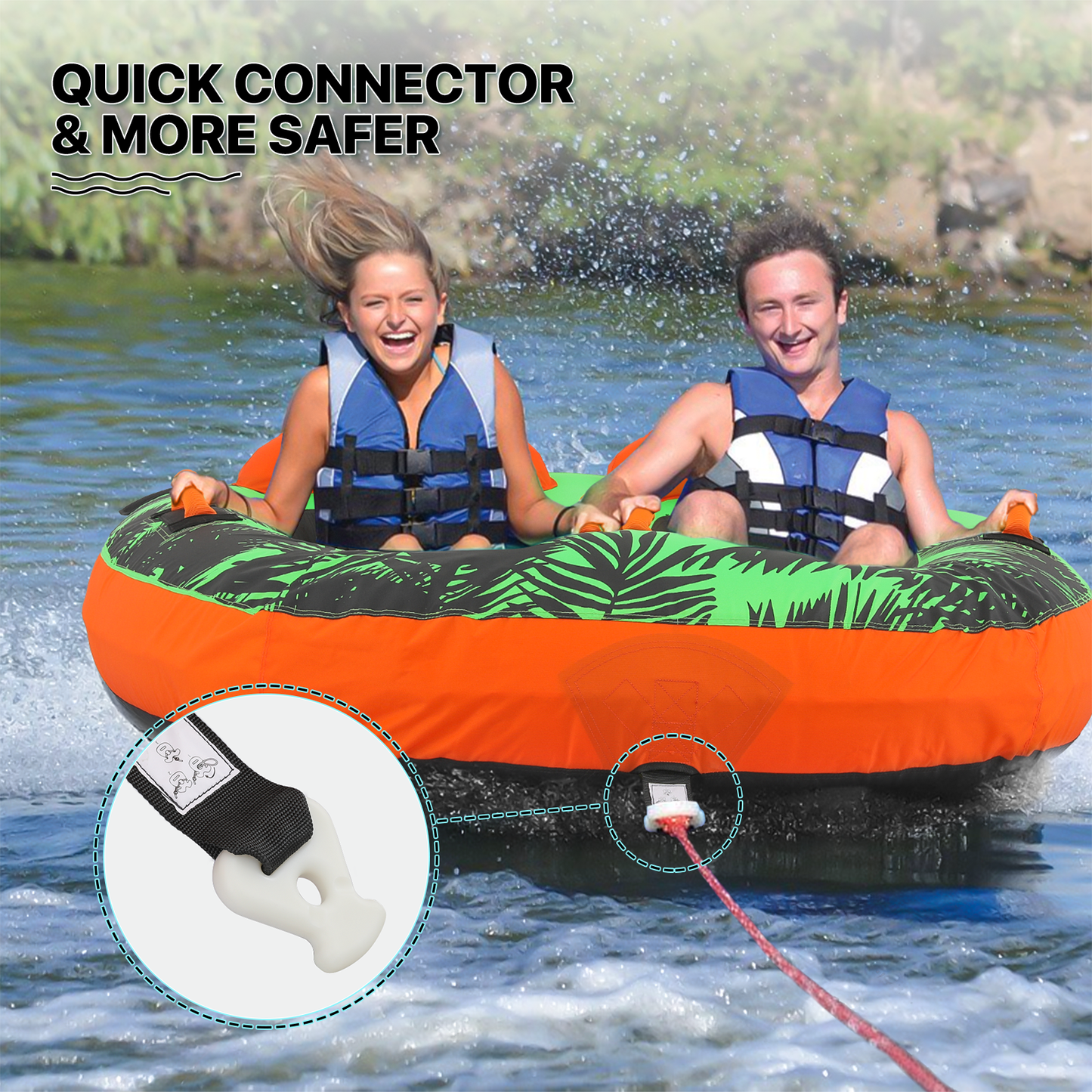 Water Sport Towable - PVC+ Nylon - w/ Quick Inflating Valve,Nylon Outer Soft Handle x 4,Drag Buckle - Green/Orange/Black