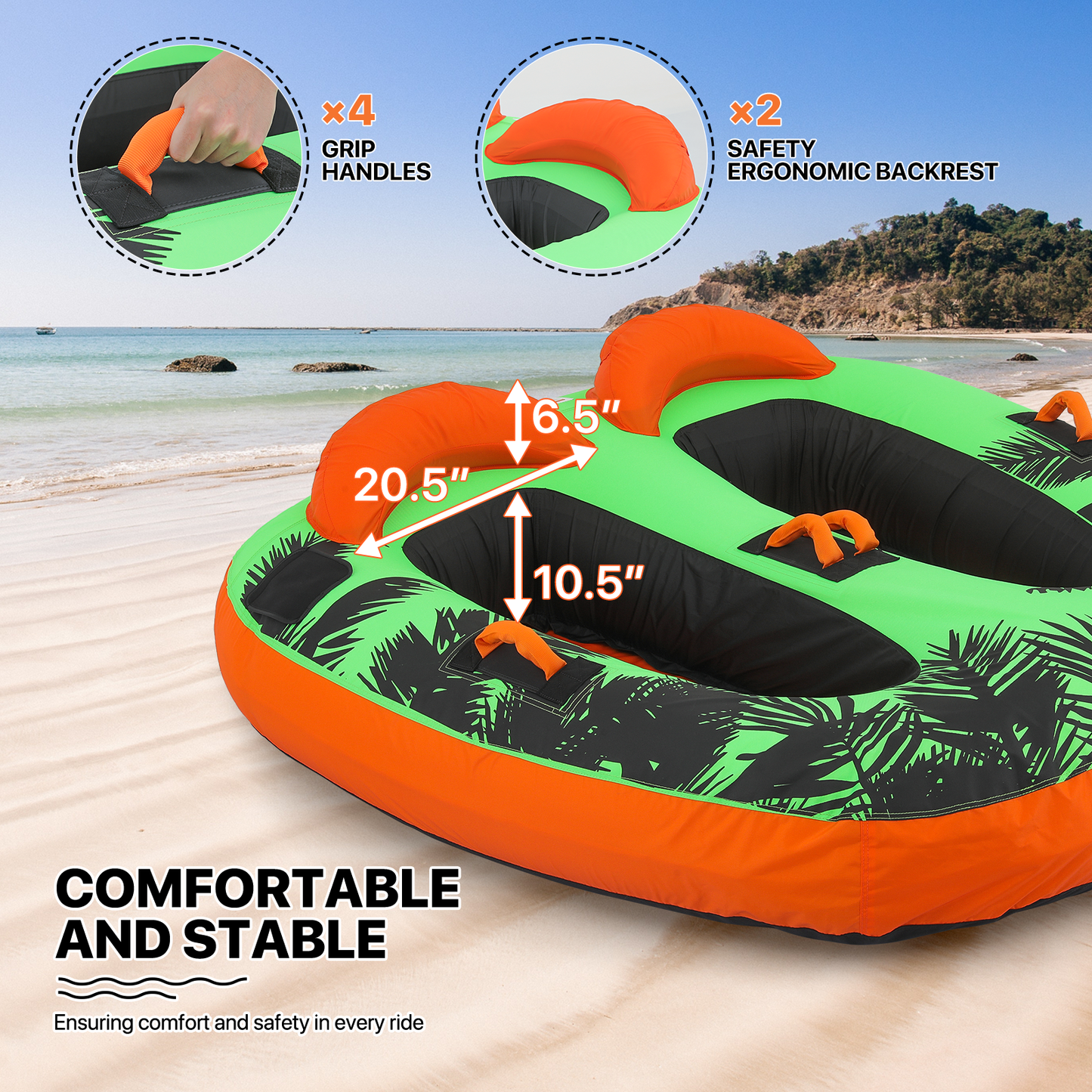 Water Sport Towable - PVC+ Nylon - w/ Quick Inflating Valve,Nylon Outer Soft Handle x 4,Drag Buckle - Green/Orange/Black