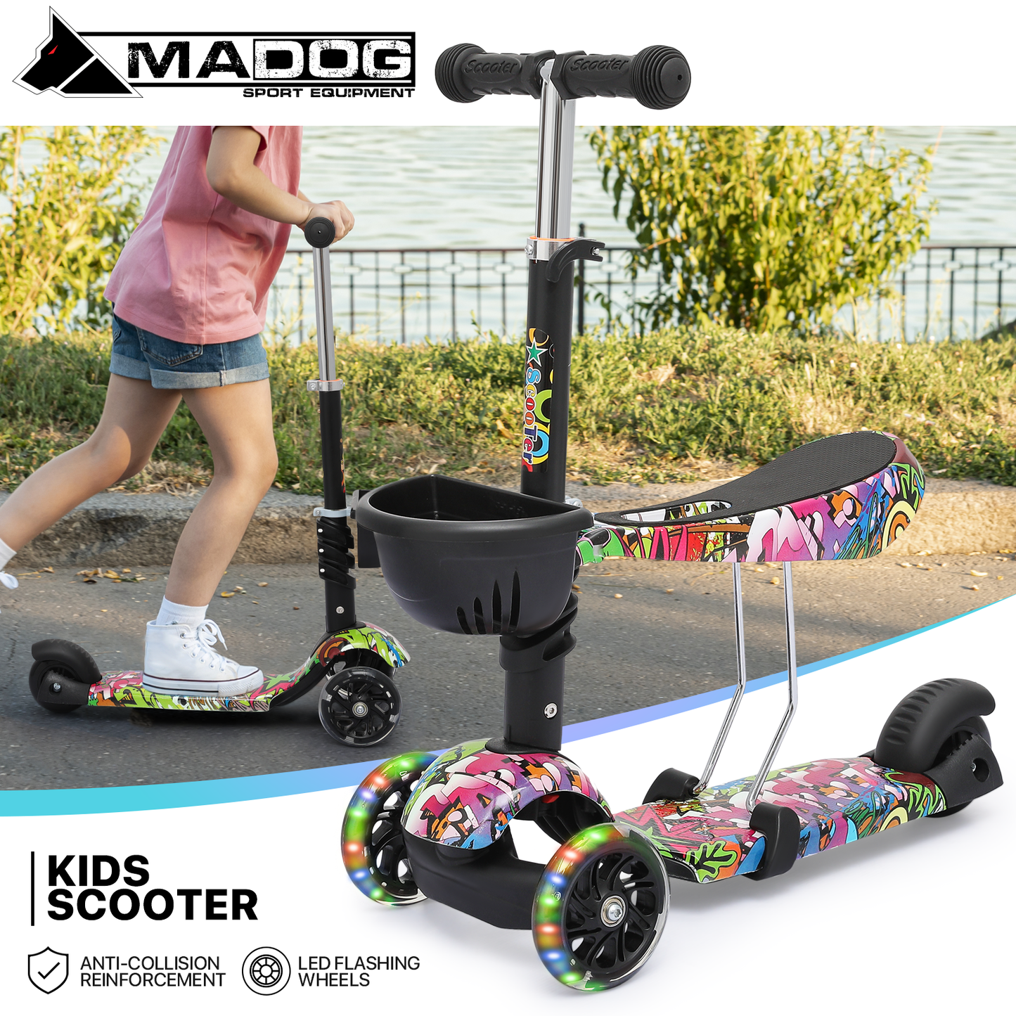 Kids Kick Scooter - 3 LED Wheels - Adjustable Height Handlebar - Removable Seat