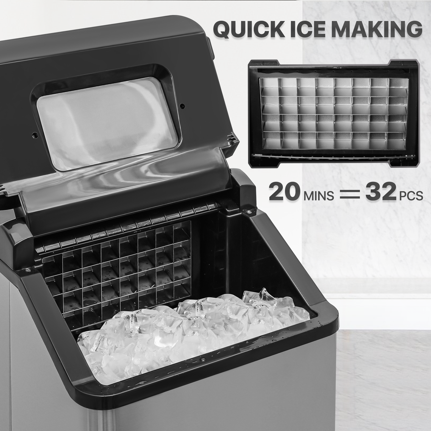 Ice Maker Machine - 2.5L Storage Tank - Bullet Shape - 33lbs/ 24hrs - with Scoop