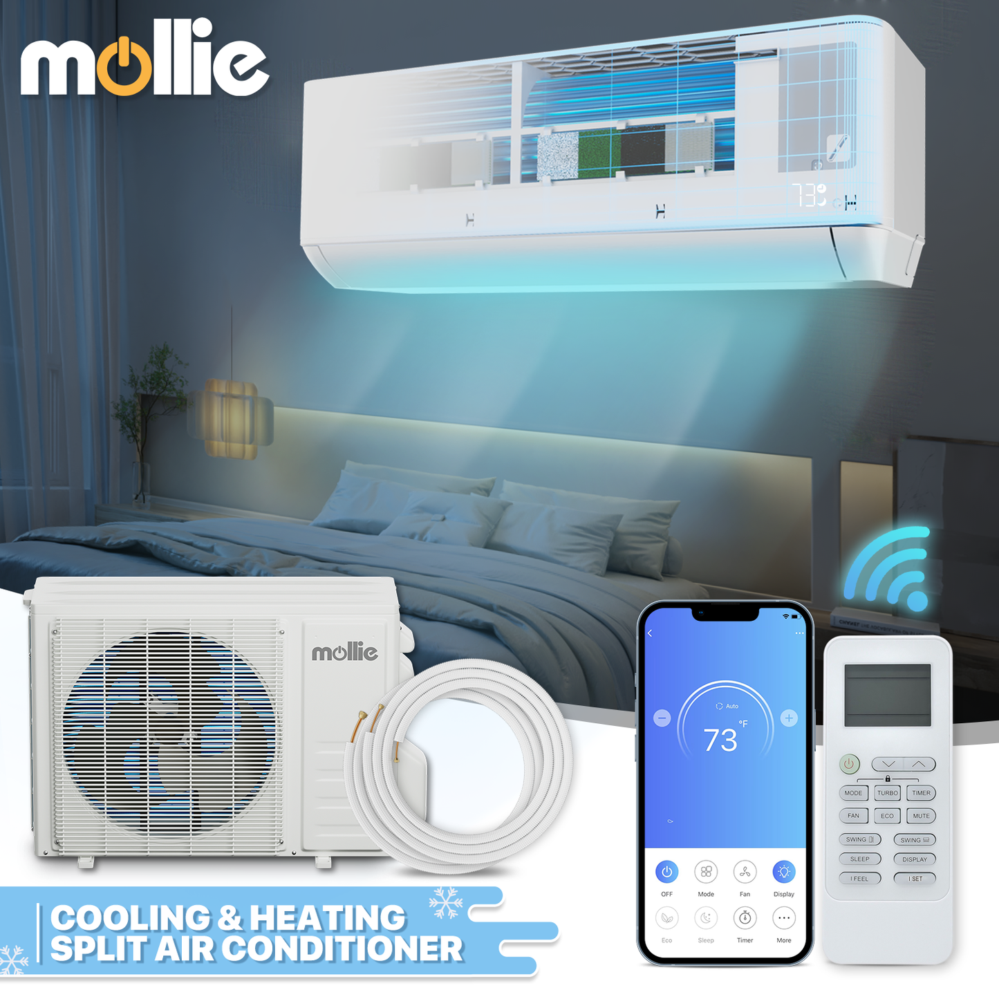 12000 BTU Split Air Conditioner - Cooling & Heating Function- WIFI APP Control - 4-in-1 filter