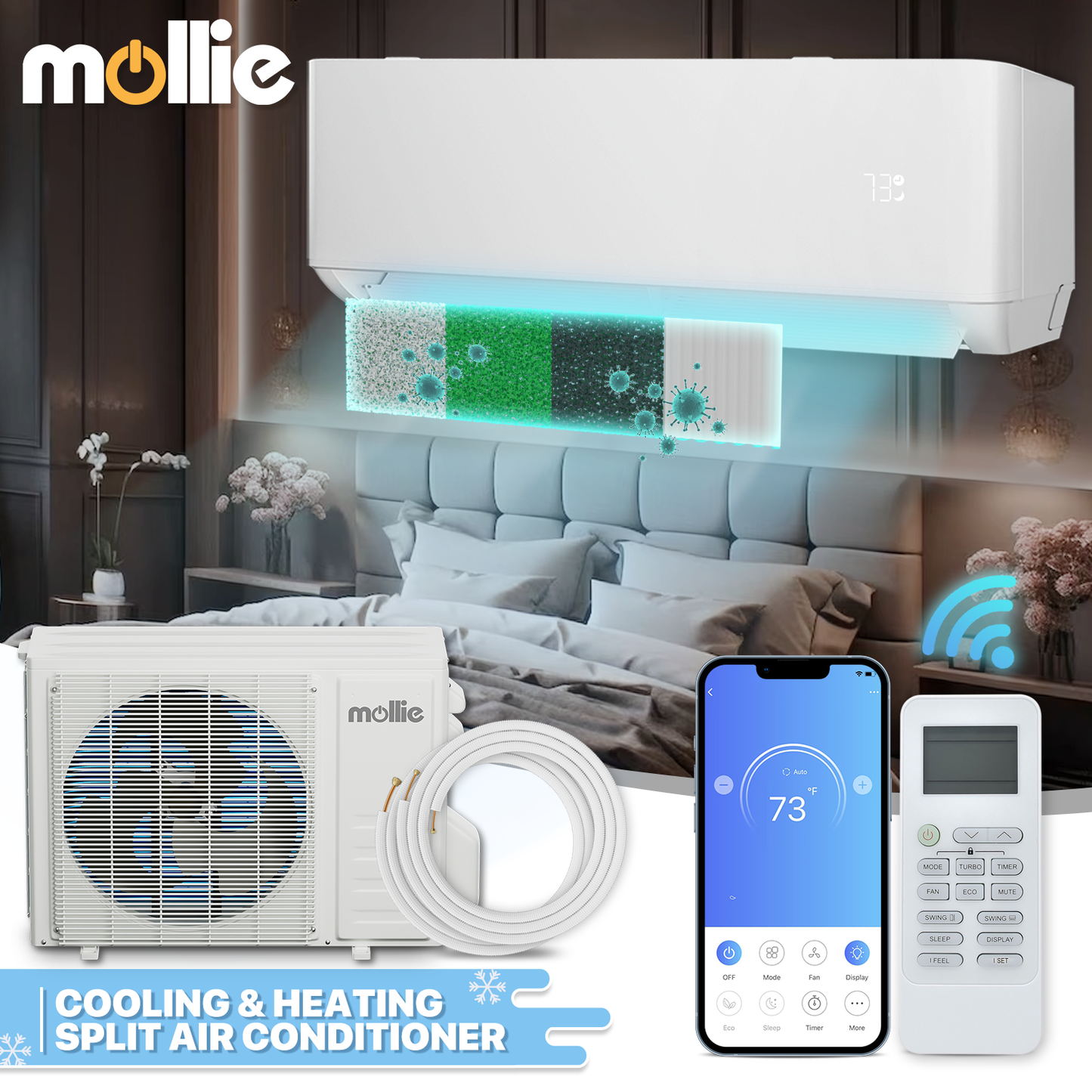18000 BTU Split Air Conditioner - Cooling & Heating Function- WIFI APP Control - 4-in-1 filter