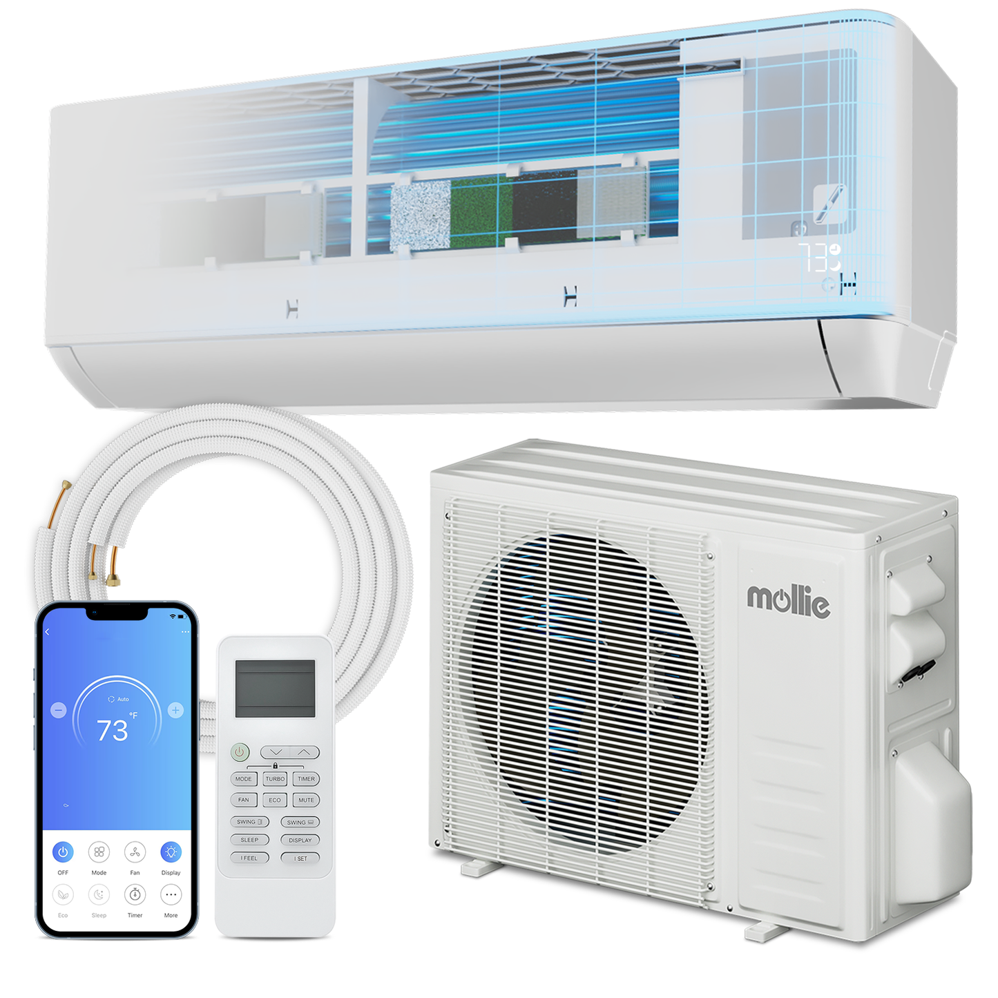 9000 BTU Split Air Conditioner - Cooling & Heating Function- WIFI APP Control - 4-in-1 filter