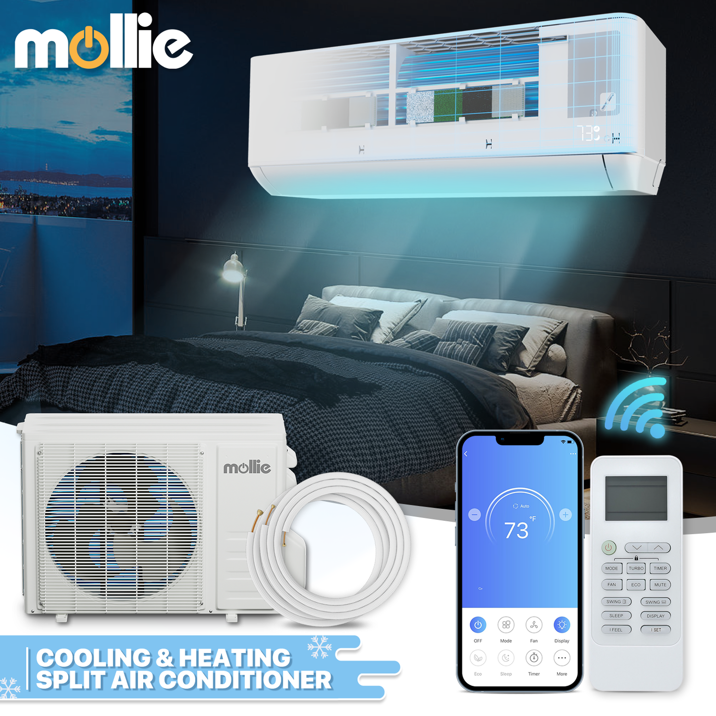 9000 BTU Split Air Conditioner - Cooling & Heating Function- WIFI APP Control - 4-in-1 filter