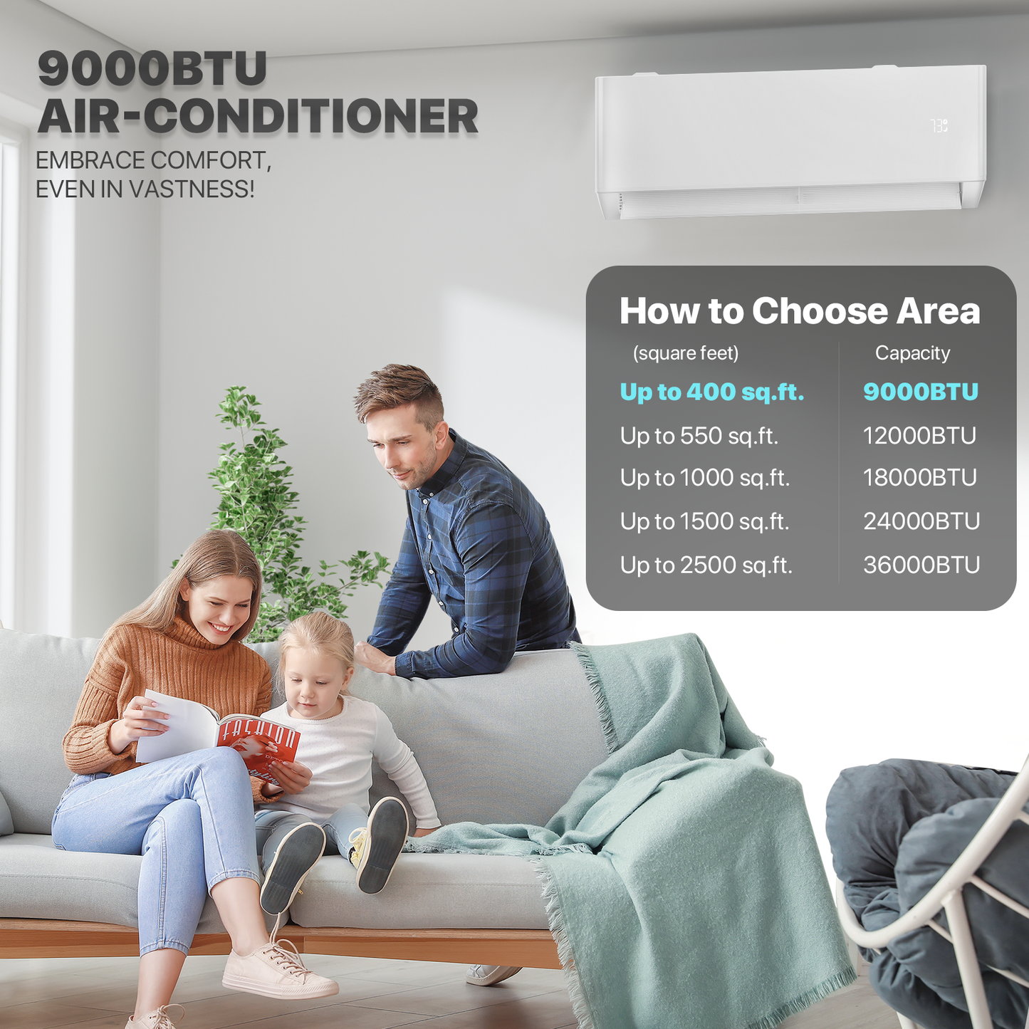 9000 BTU Split Air Conditioner - Cooling & Heating Function- WIFI APP Control - 4-in-1 filter