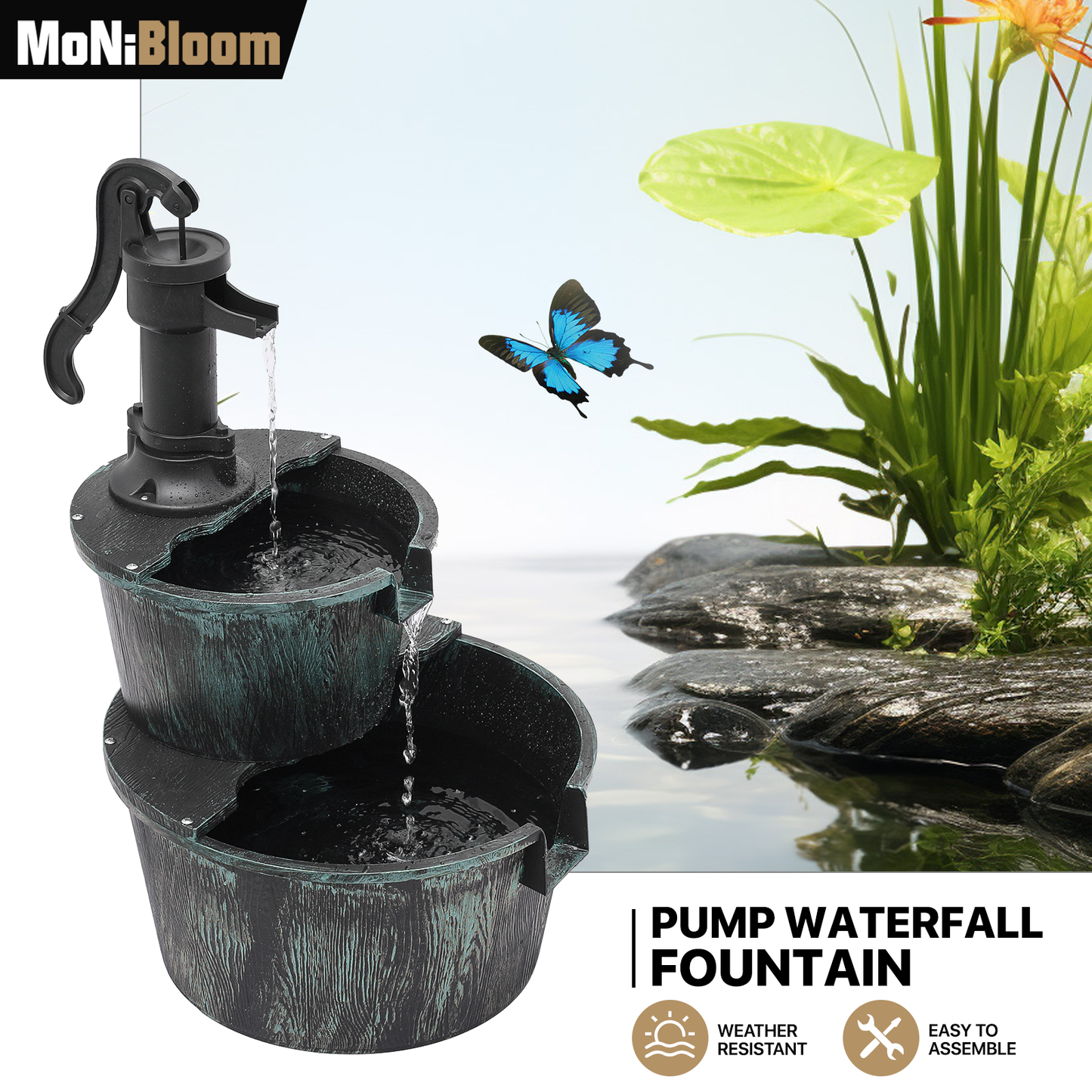 27" Tall 2-Tier Barrel and Pump Waterfall Fountain