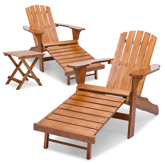 Bistro Set - 2 Adirondack Chair & 1 Table - Retractable Footrest - Folding Table