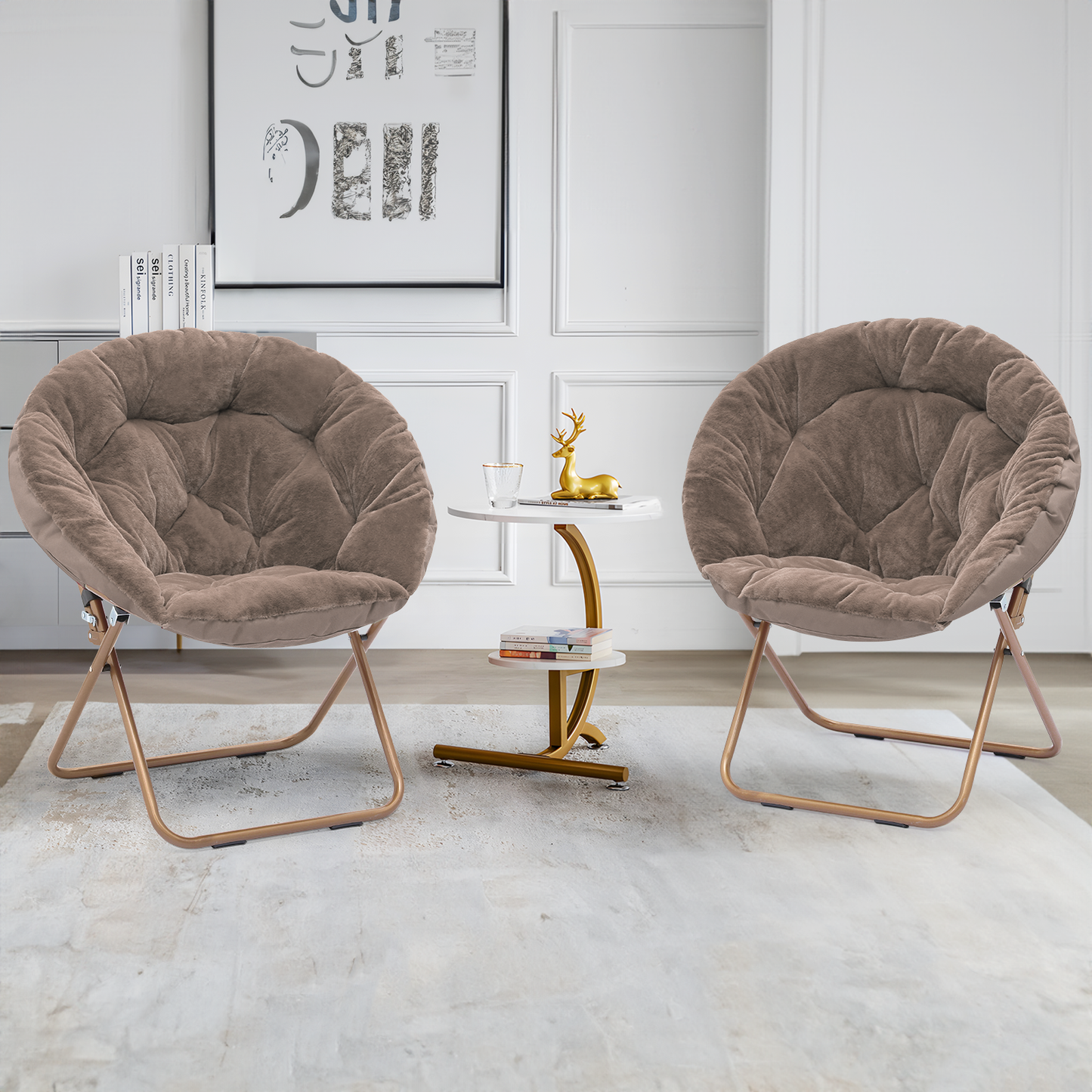 2 PCS Cozy Chair - Round - Faux Fur - Gold Frame