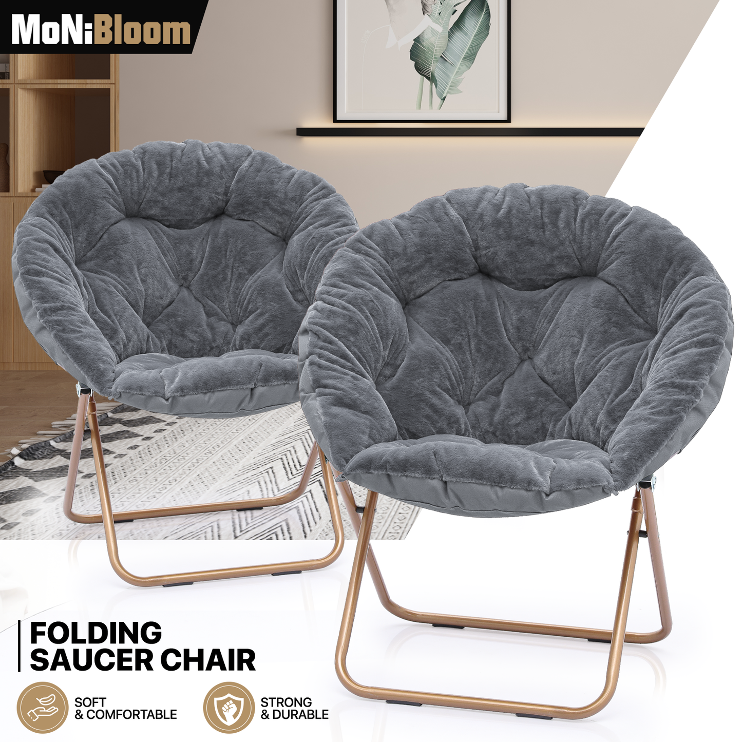 2 PCS Cozy Chair - Round - Faux Fur - Gold Frame