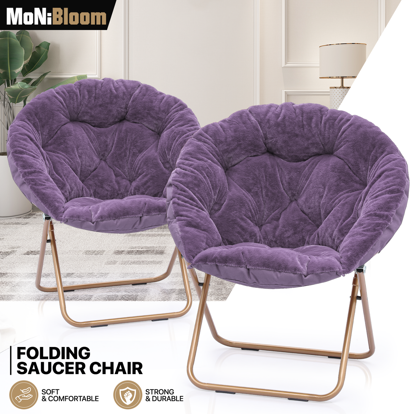 2 PCS Cozy Chair - Round - Faux Fur - Gold Frame