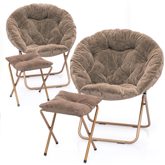 2 PCS Cozy Chair + Ottoman - Round - Faux Fur - Gold Frame